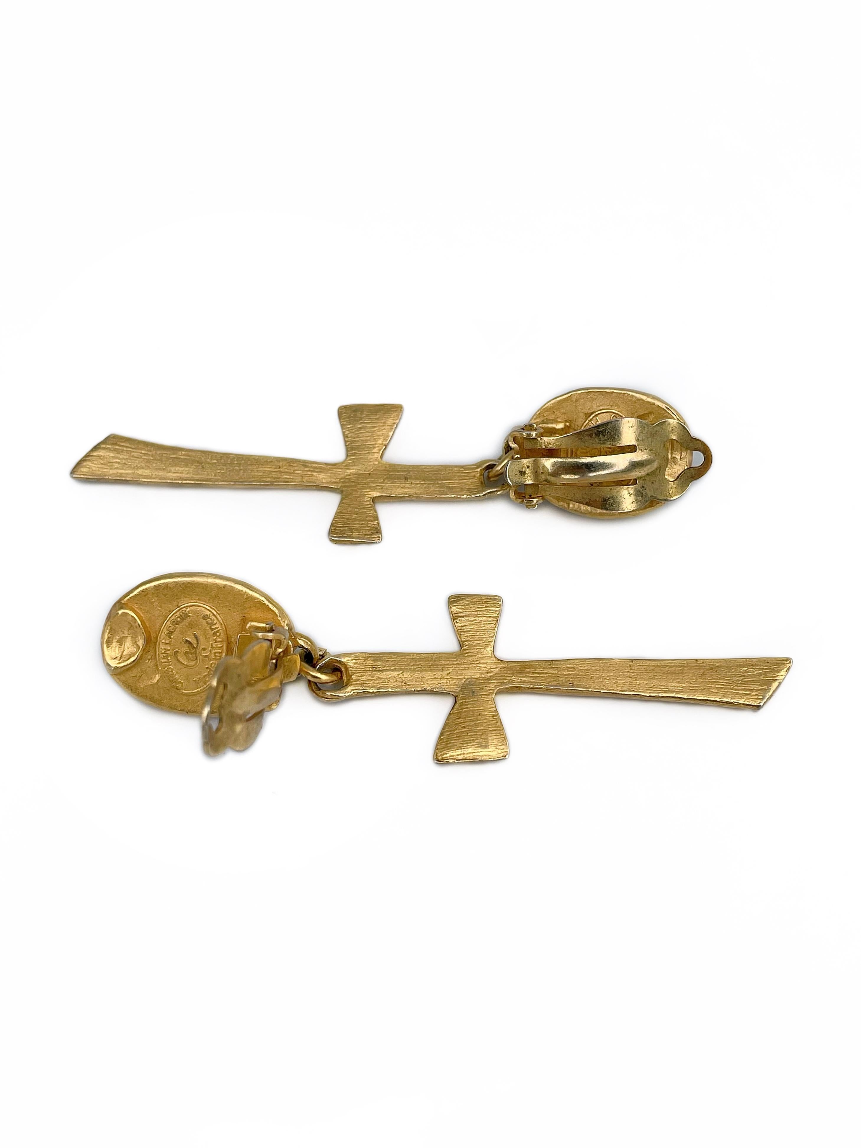 1990s Vintage Christian Lacroix Gold Tone Faux Turquoise Cross Clip On Earrings 1