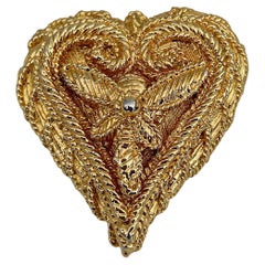 1990s Vintage Christian Lacroix Gold Tone Lace Design Heart Pin Brooch