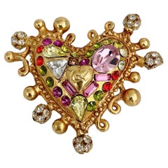 1990s Vintage Christian Lacroix Gold Tone Multicolour Heart Brooch Pendant