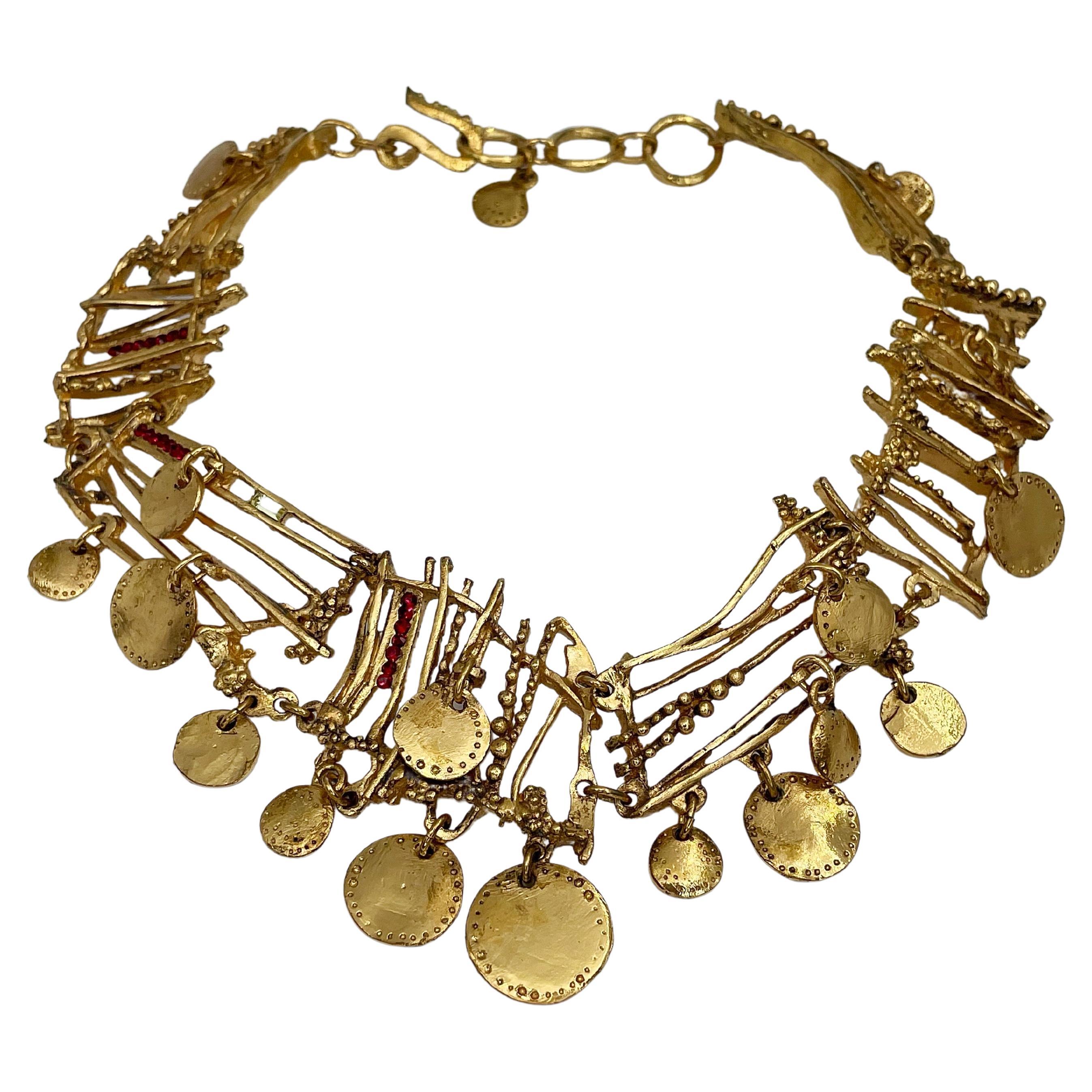 1990s Vintage Christian Lacroix Gold Tone Openwork Crystal Coin Choker Necklace