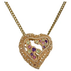 1990s Vintage Christian Lacroix Gold Tone Openwork Crystal Heart Brooch Pendant