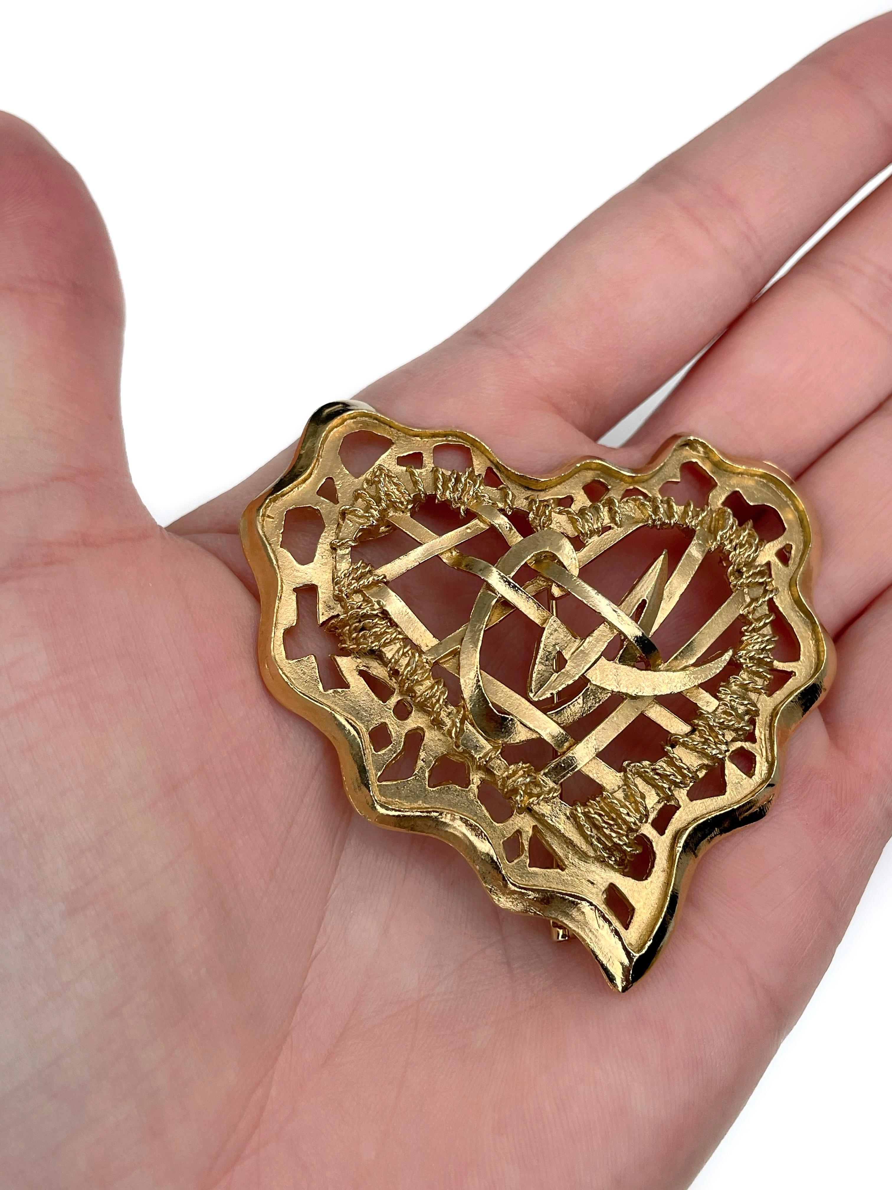 Modern 1990s Vintage Christian Lacroix Gold Tone Openwork Design CL Heart Pin Brooch For Sale