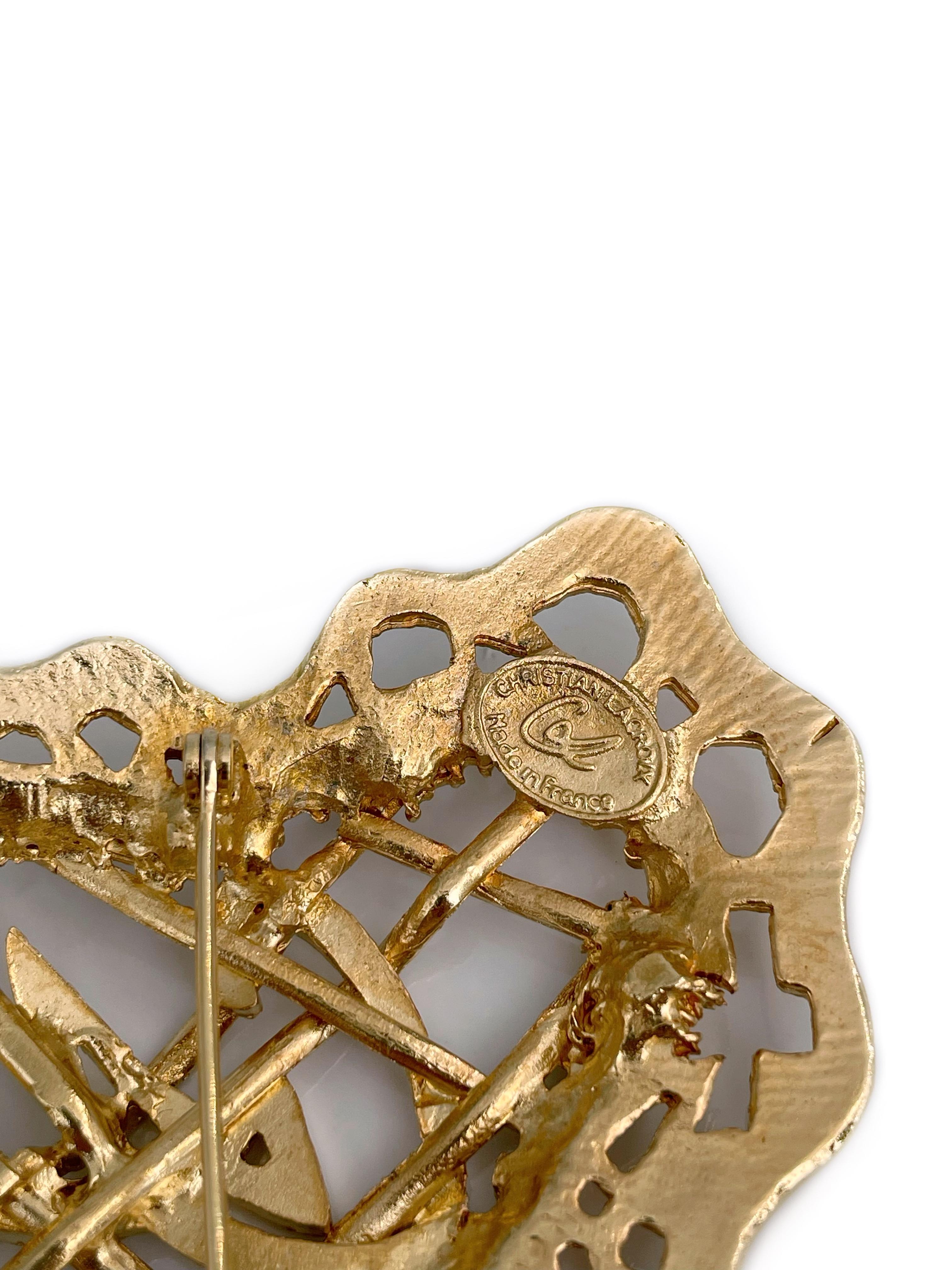 Women's 1990s Vintage Christian Lacroix Gold Tone Openwork Design CL Heart Pin Brooch For Sale