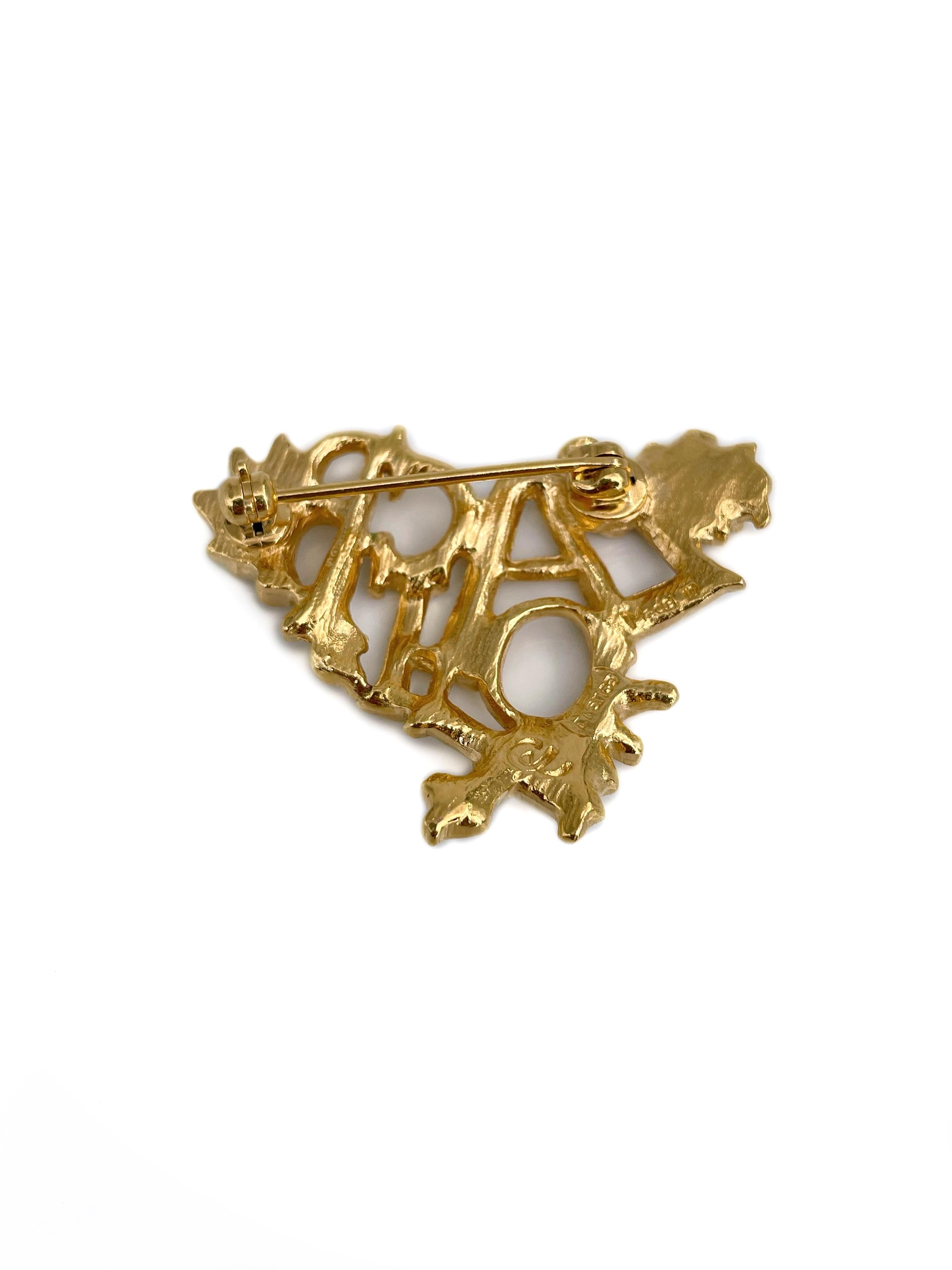 Modern 1990s Vintage Christian Lacroix Gold Tone Openwork Logo Heart Pin Brooch For Sale