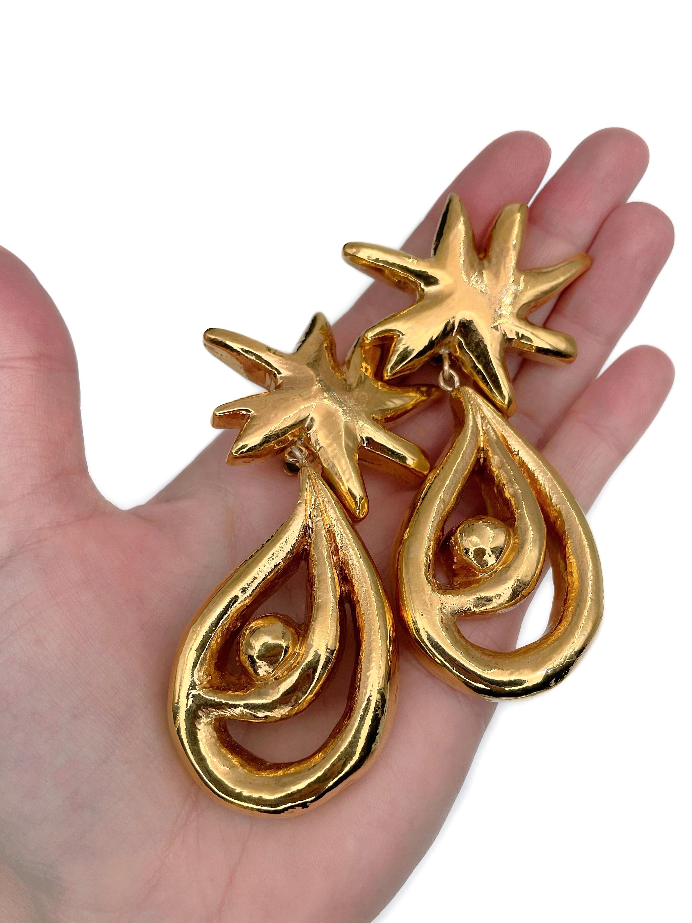 Modern 1990s Vintage Christian Lacroix Gold Tone Star Massive Dangle Clip On Earrings For Sale
