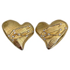 1990s Vintage Christian Lacroix Logo Gold Tone Crystal Heart Clip on Earrings