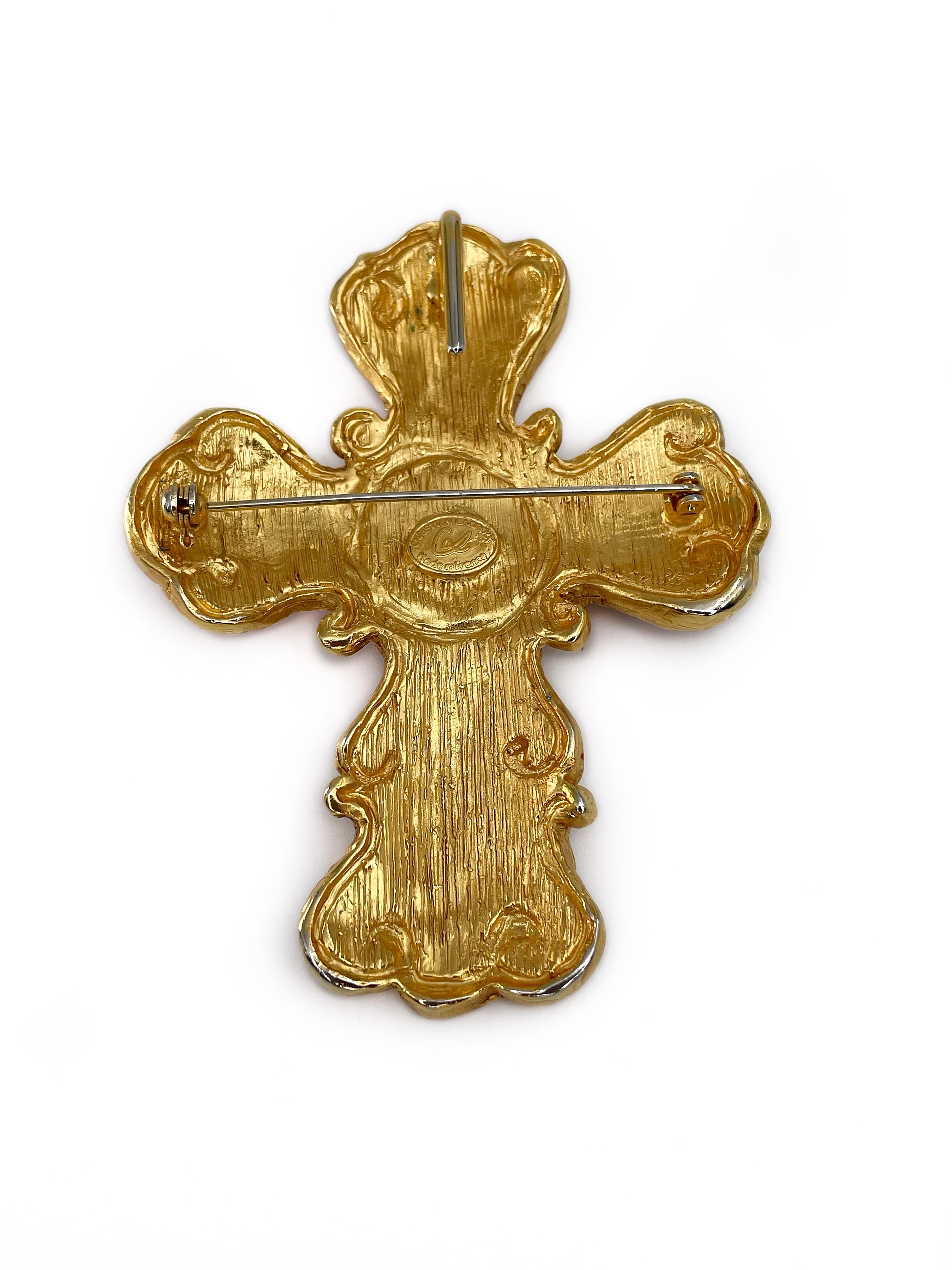 Moderne Christian Lacroix, broche pendentif croix baroque vintage en émail orange, années 1990