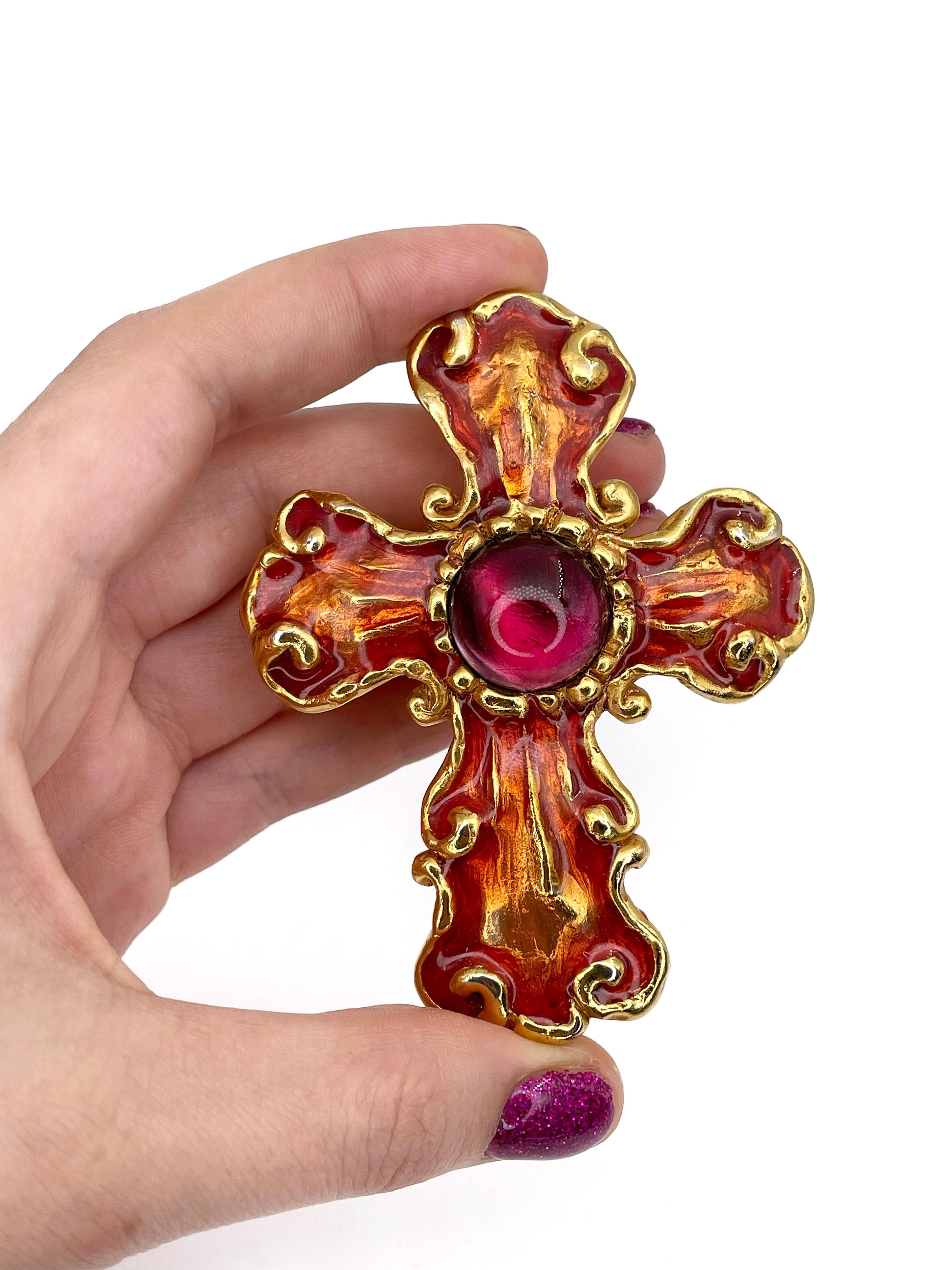 1990s Vintage Christian Lacroix Orange Enamel Baroque Cross Brooch Pendant 1