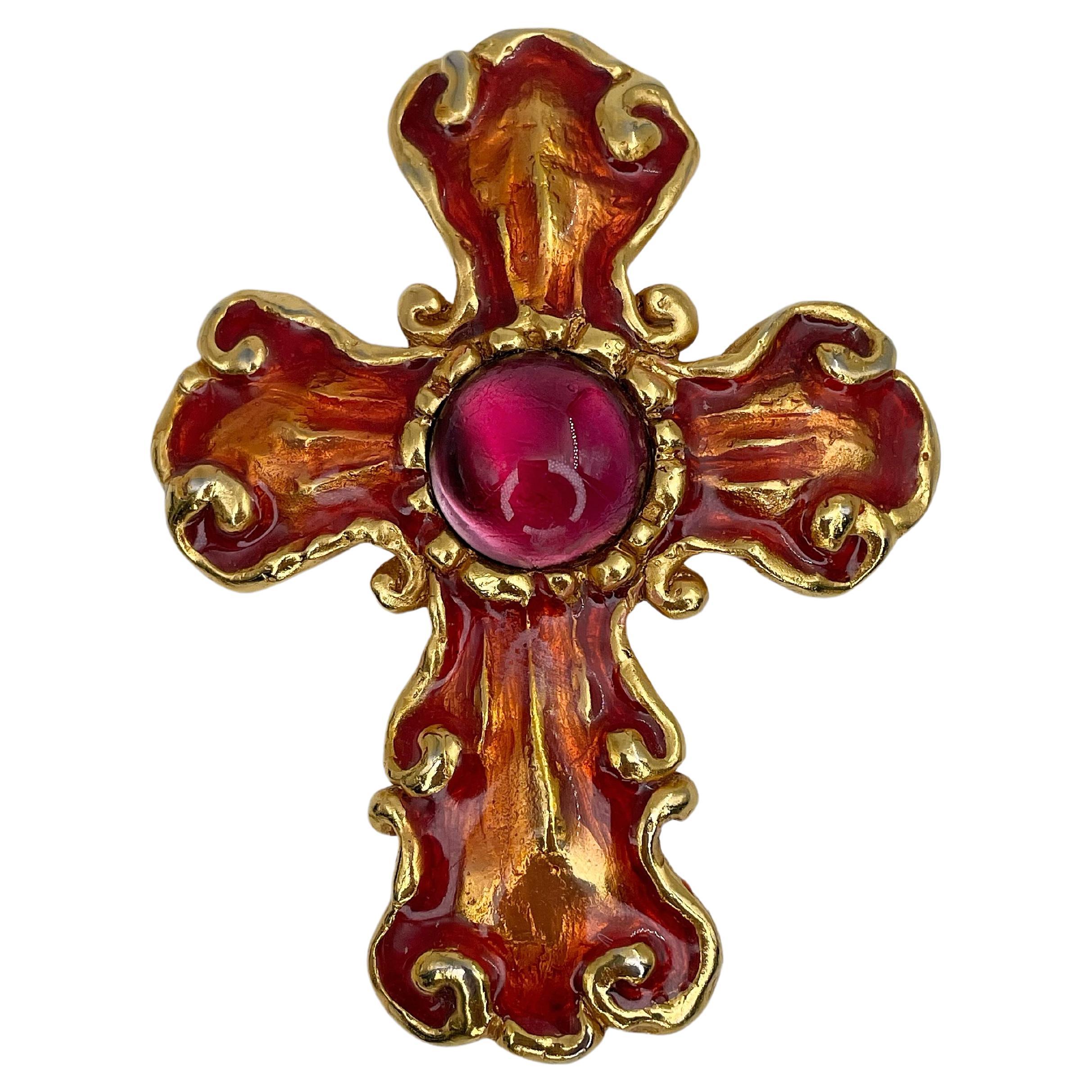 1990s Vintage Christian Lacroix Orange Enamel Baroque Cross Brooch Pendant