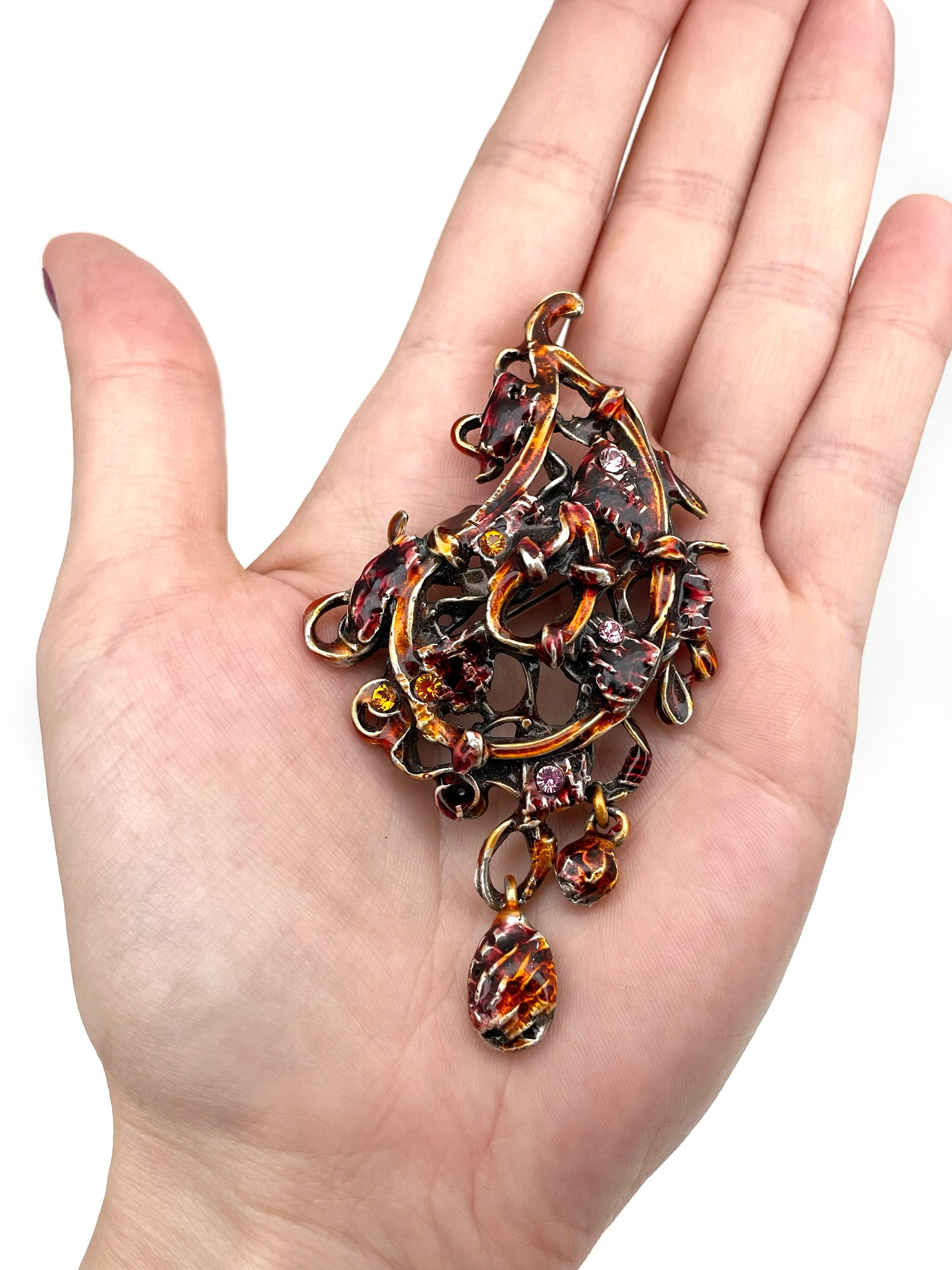 1990s Vintage Christian Lacroix Red Orange Enamel Intricate Openwork Pin Brooch For Sale 1