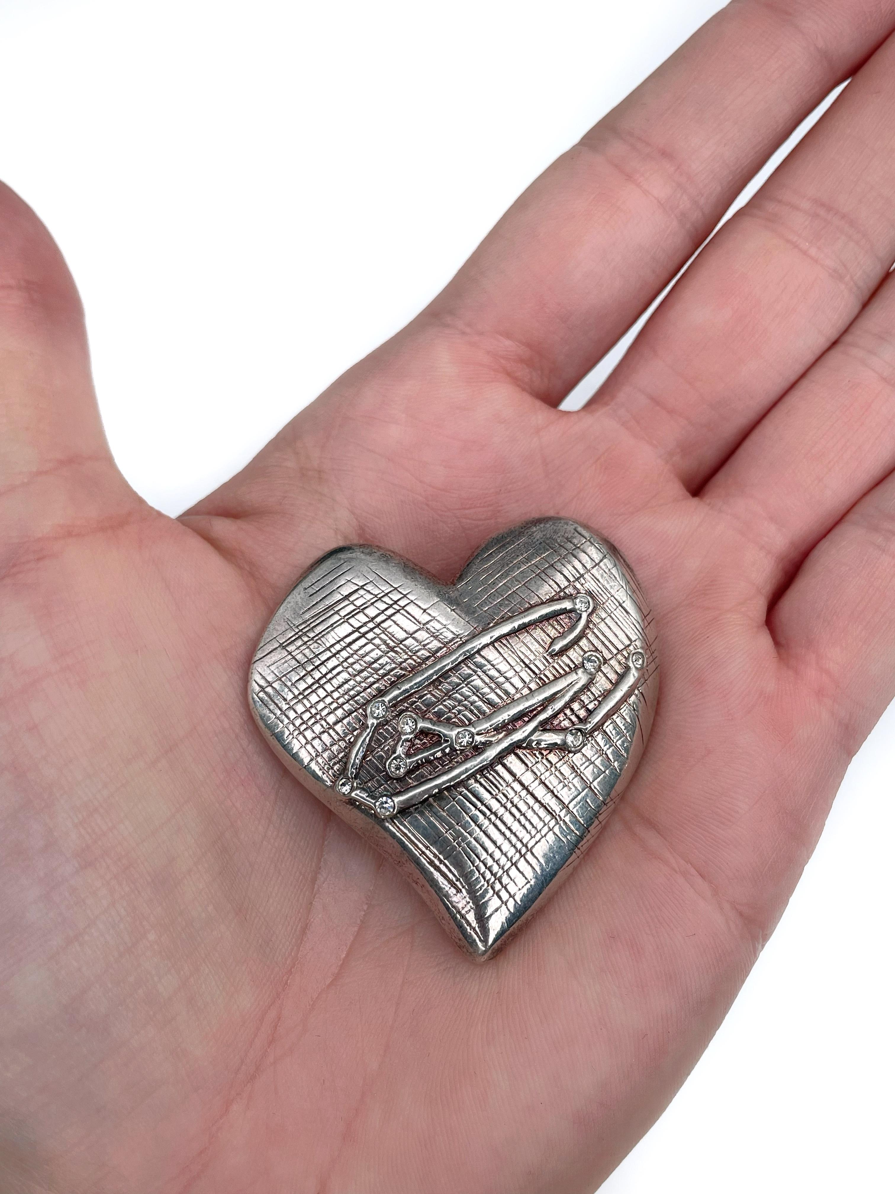 Modern 1990s Vintage Christian Lacroix Silver Tone CL Logo Heart Pin Brooch For Sale