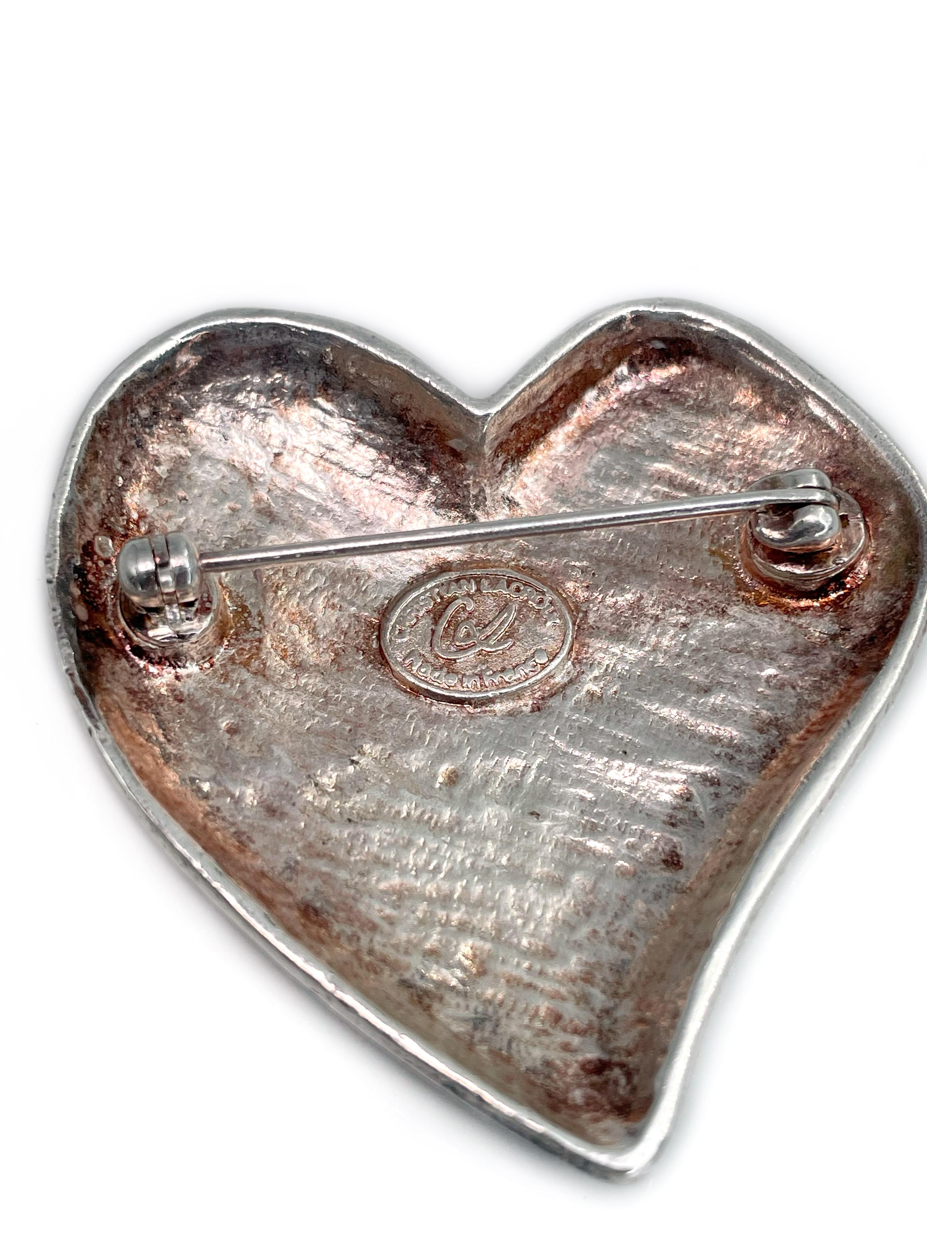 Women's 1990s Vintage Christian Lacroix Silver Tone CL Logo Heart Pin Brooch For Sale
