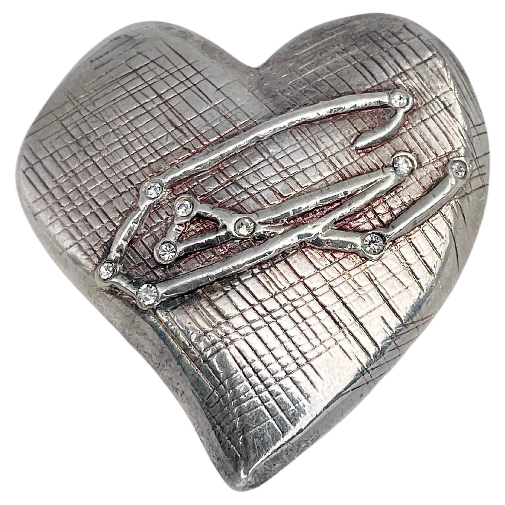 1990s Vintage Christian Lacroix Silver Tone CL Logo Heart Pin Brooch For Sale