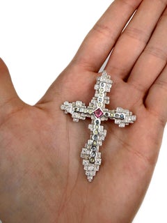 1990s Vintage Christian Lacroix Silver Tone Crystal Cross Brooch Pendant