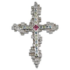 1990s Vintage Christian Lacroix Silver Tone Crystal Cross Brooch Pendant