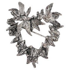 1990s Vintage Christian Lacroix Silver Tone Floral Heart Pin Brooch