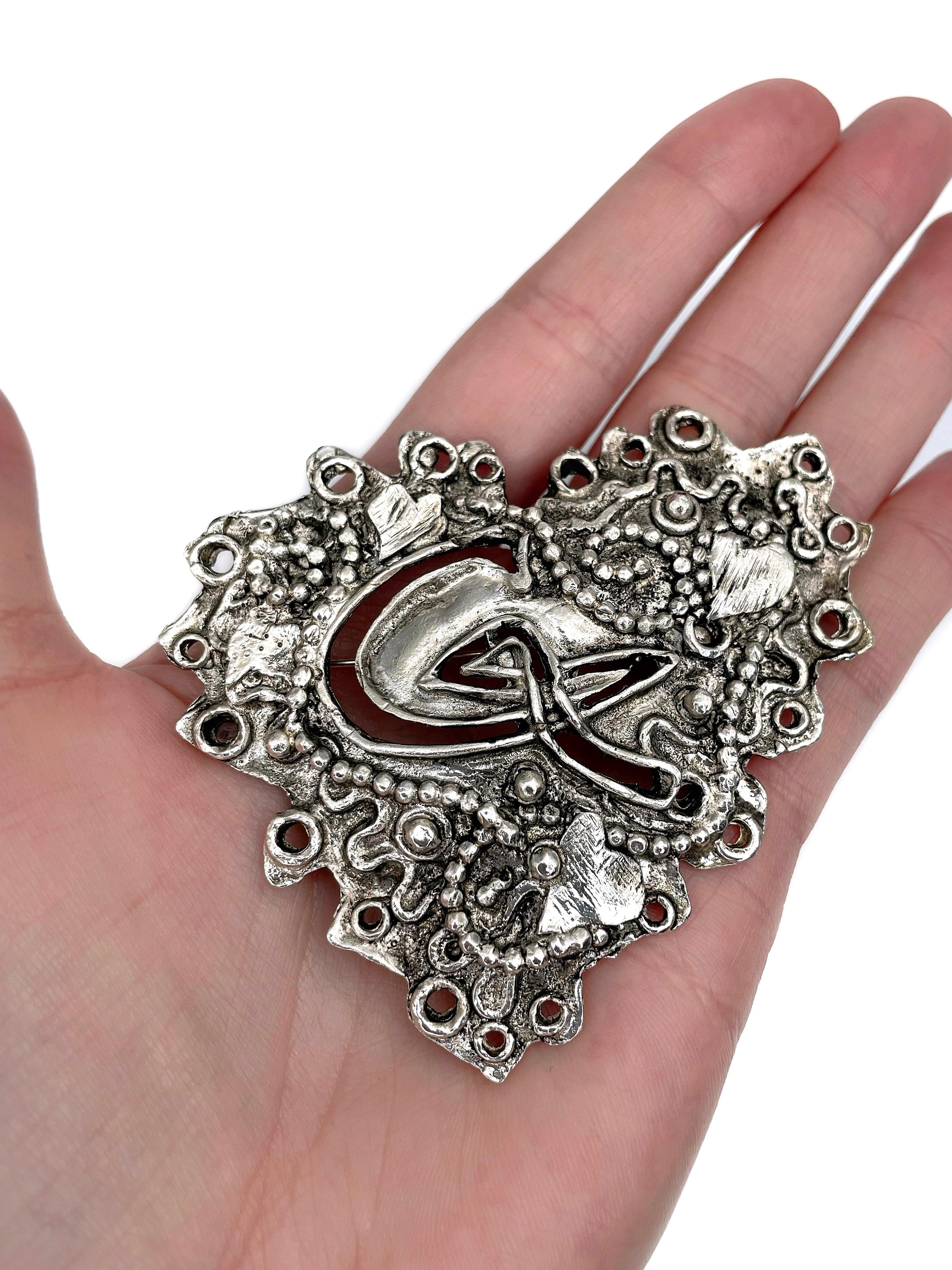 Modern 1990s Vintage Christian Lacroix Silver Tone Openwork Logo Heart Pin Brooch For Sale
