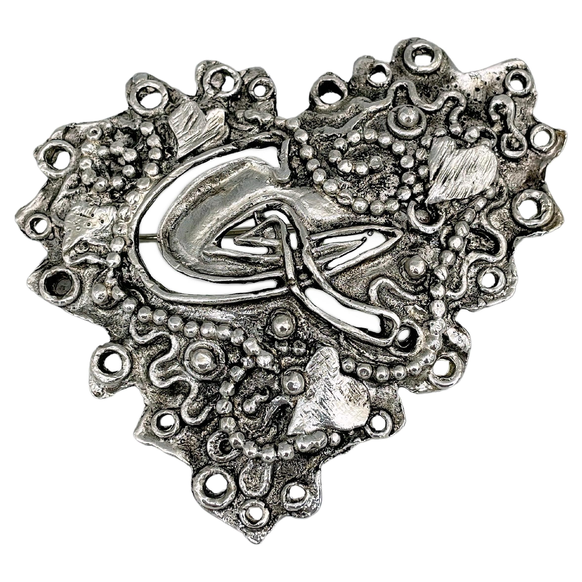 1990s Vintage Christian Lacroix Silver Tone Openwork Logo Heart Pin Brooch For Sale