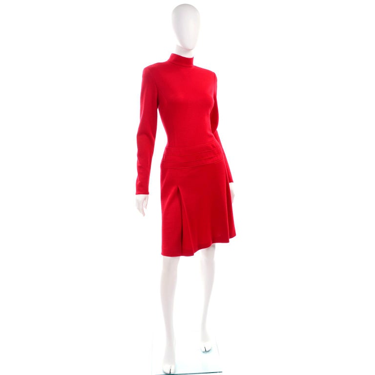 1990s Vintage Claude Montana Red Inverted Pleat Wool Knit Dress  In Excellent Condition For Sale In Portland, OR