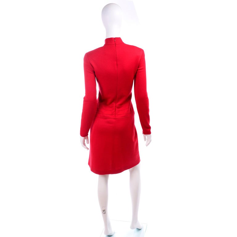 Women's 1990s Vintage Claude Montana Red Inverted Pleat Wool Knit Dress  For Sale