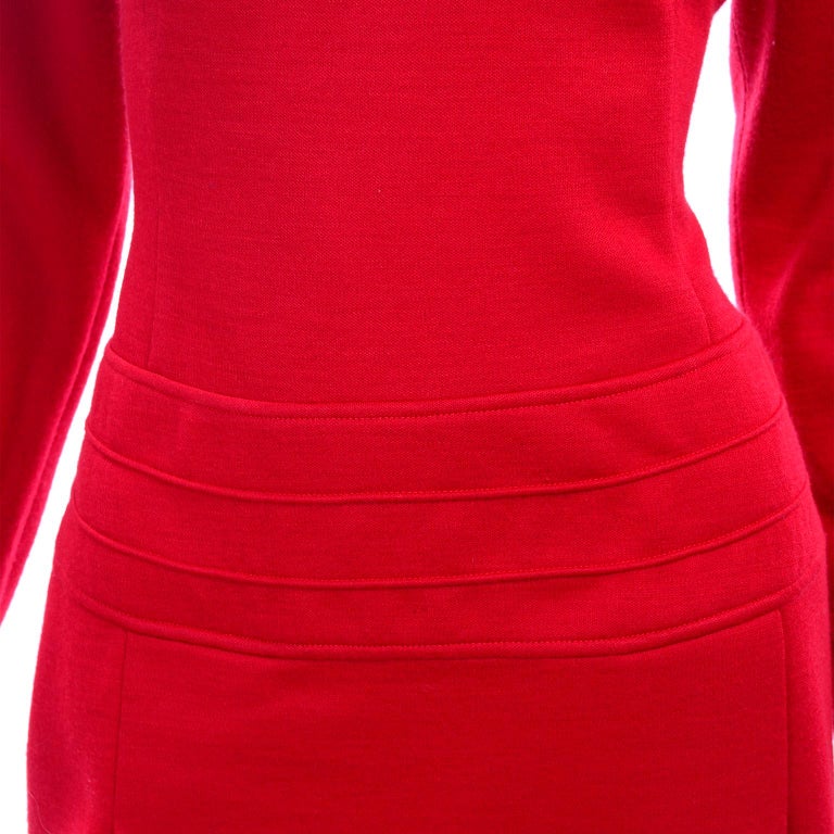 1990s Vintage Claude Montana Red Inverted Pleat Wool Knit Dress  For Sale 2
