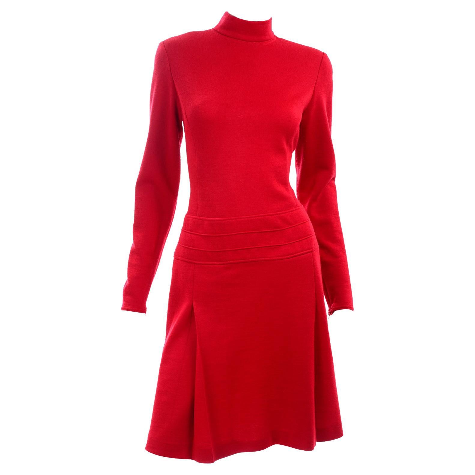 1990s Vintage Claude Montana Red Inverted Pleat Wool Knit Dress 