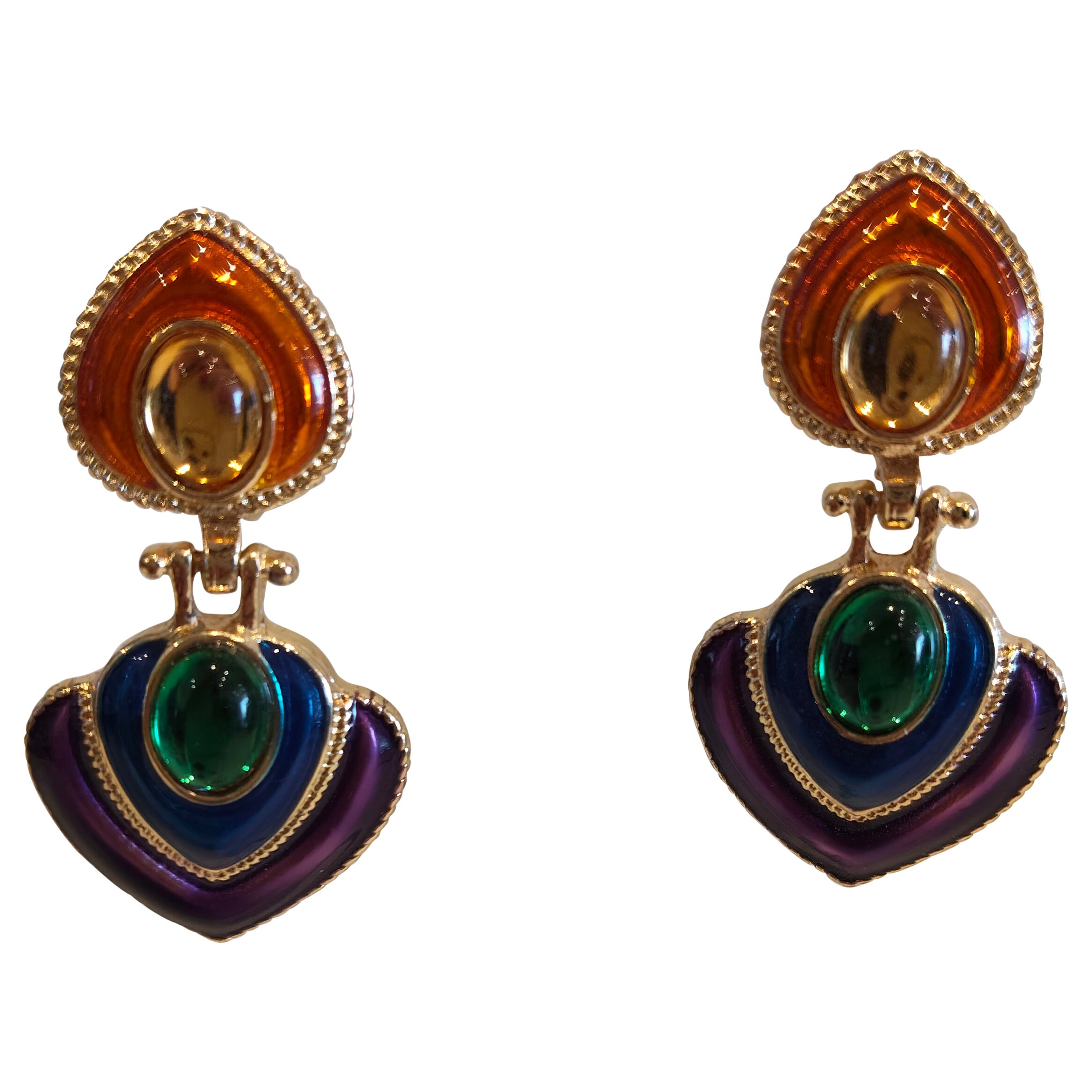 Pendientes vintage de clip con piedras multicolores de los años 90