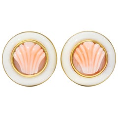 1990s Vintage Coral 14 Karat Gold Circular Shell Earrings