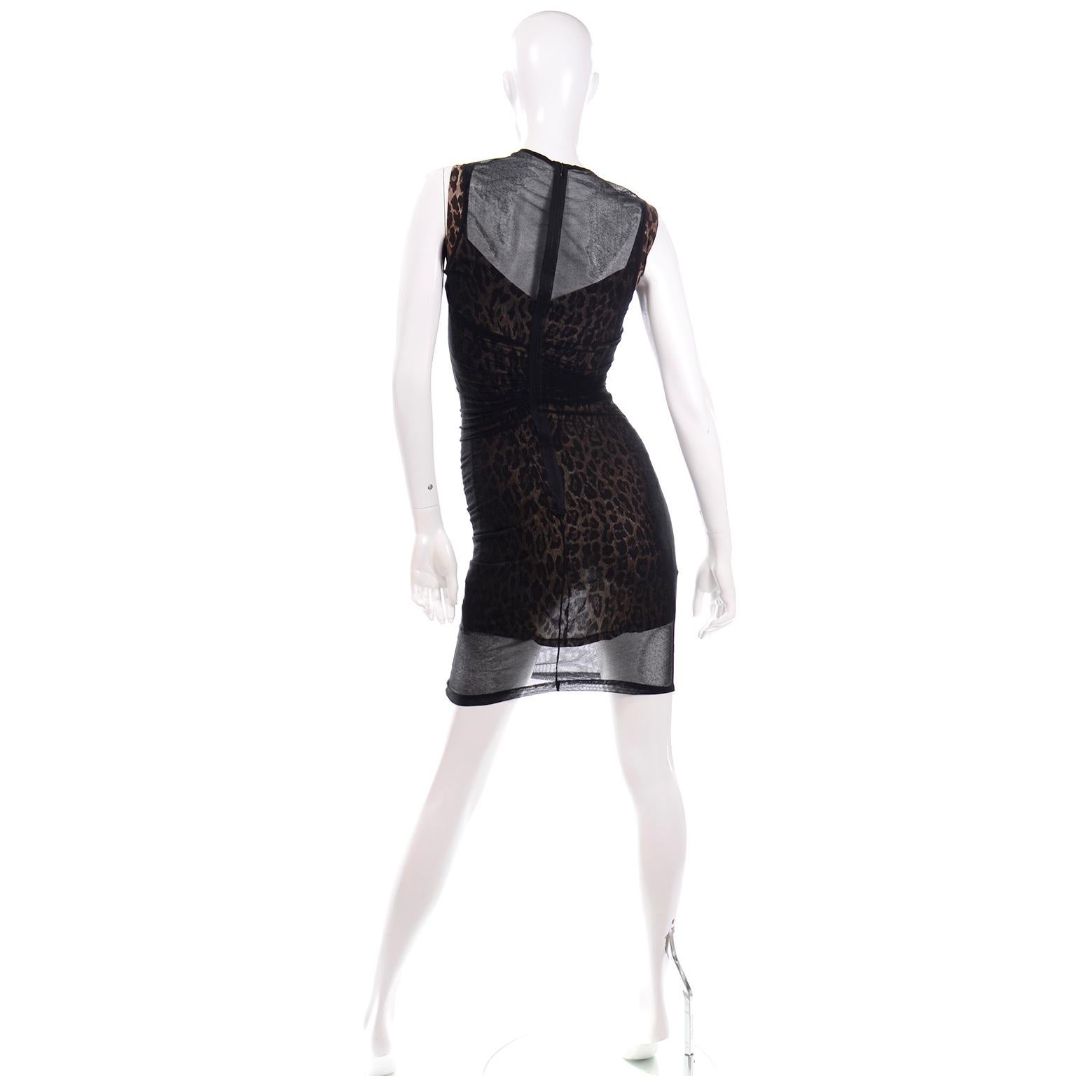 Women's 1990s Vintage Dolce & Gabbana Leopard Print Bodycon Dress W/ Sheer Black Overlay