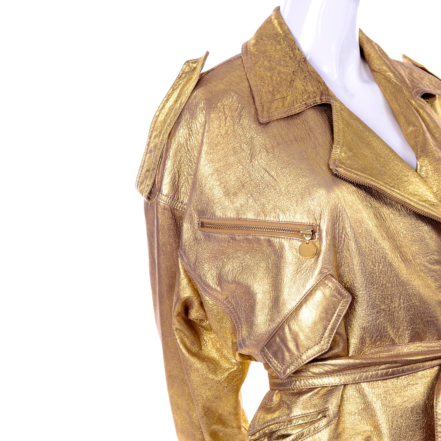 1990s Vintage Donna Karan Gold Leather Zip Front Jacket With Belt & Zippers 6
