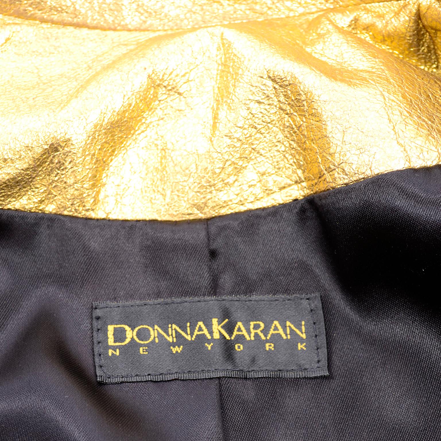 1990s Vintage Donna Karan Gold Leather Zip Front Jacket With Belt & Zippers For Sale 7