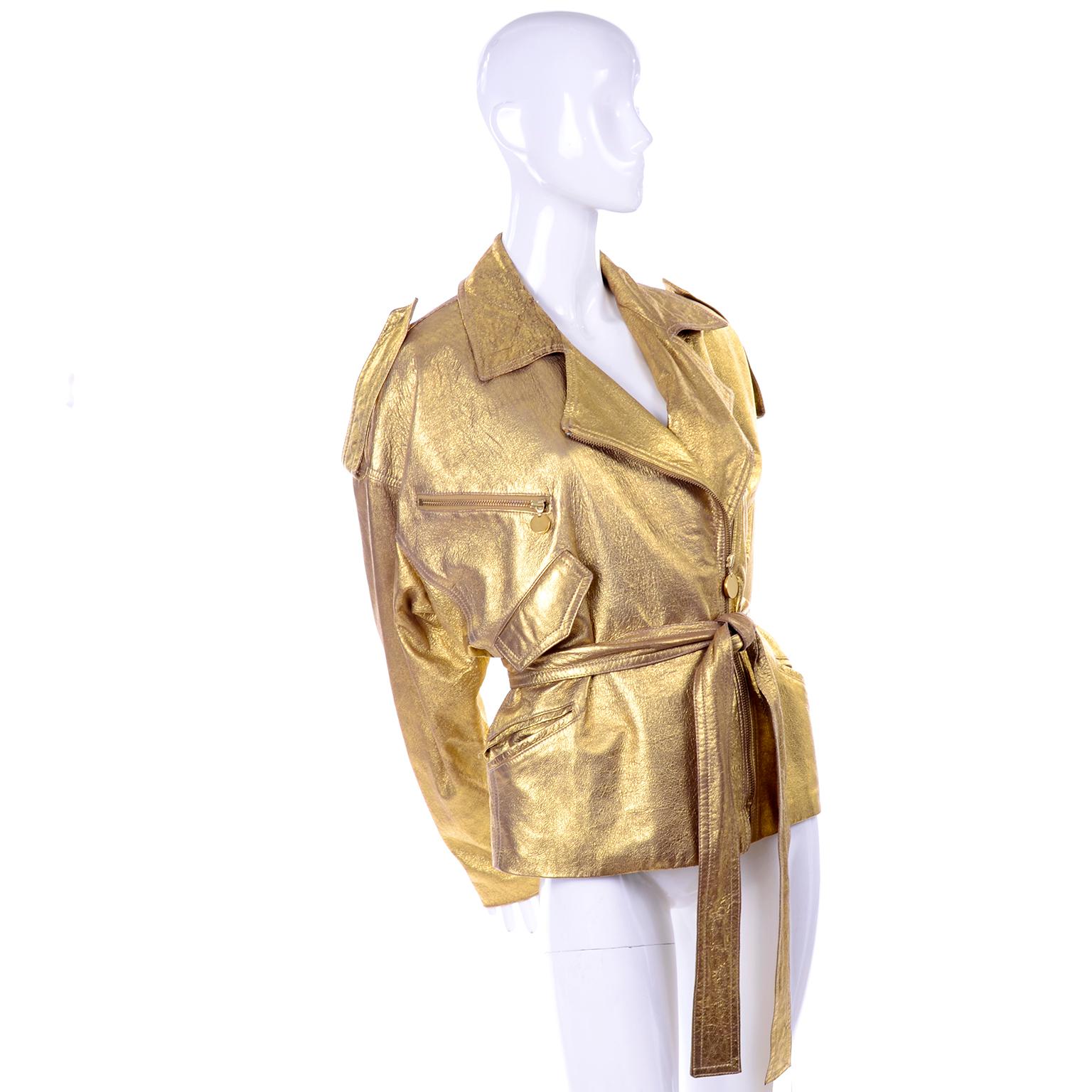 1990s Vintage Donna Karan Gold Leather Zip Front Jacket With Belt & Zippers In Excellent Condition In Portland, OR