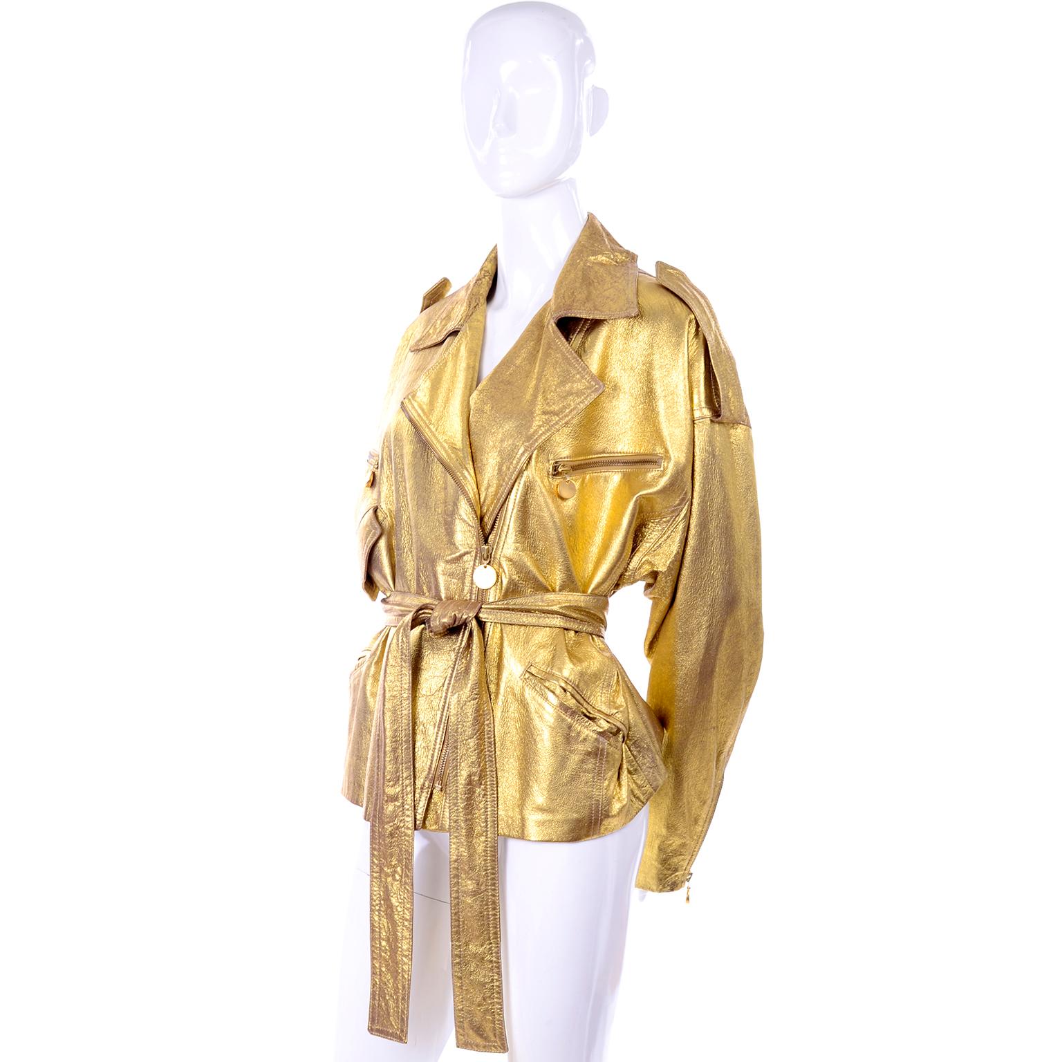 Women's 1990s Vintage Donna Karan Gold Leather Zip Front Jacket With Belt & Zippers For Sale