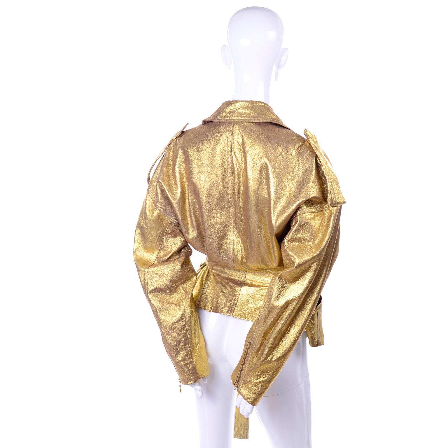 1990s Vintage Donna Karan Gold Leather Zip Front Jacket With Belt & Zippers 1