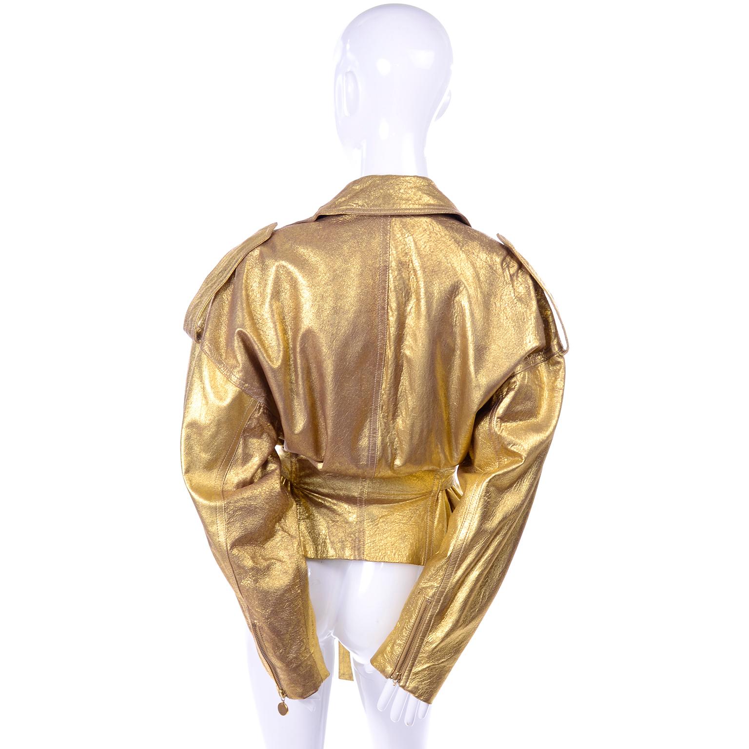 1990s Vintage Donna Karan Gold Leather Zip Front Jacket With Belt & Zippers 2