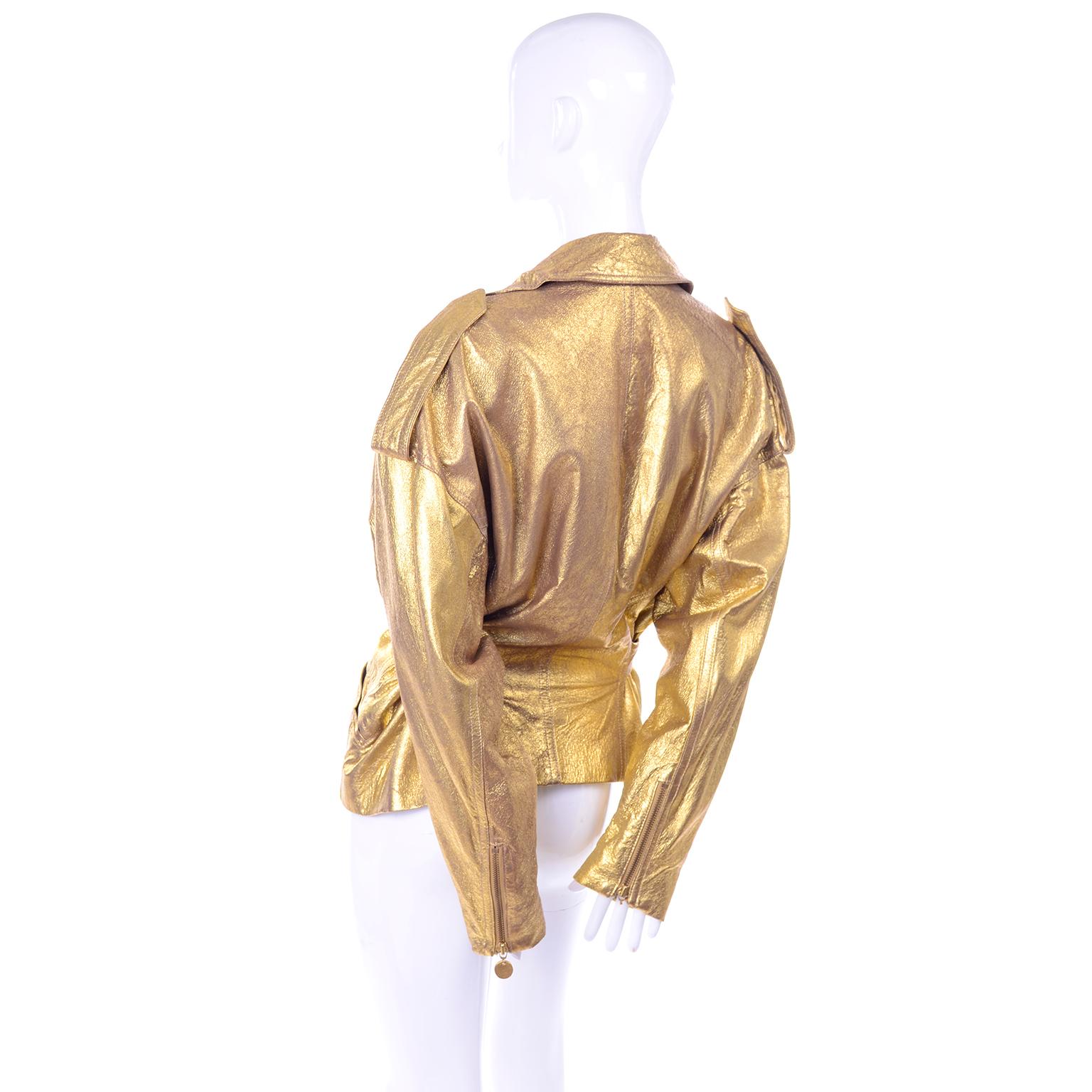 1990s Vintage Donna Karan Gold Leather Zip Front Jacket With Belt & Zippers For Sale 3