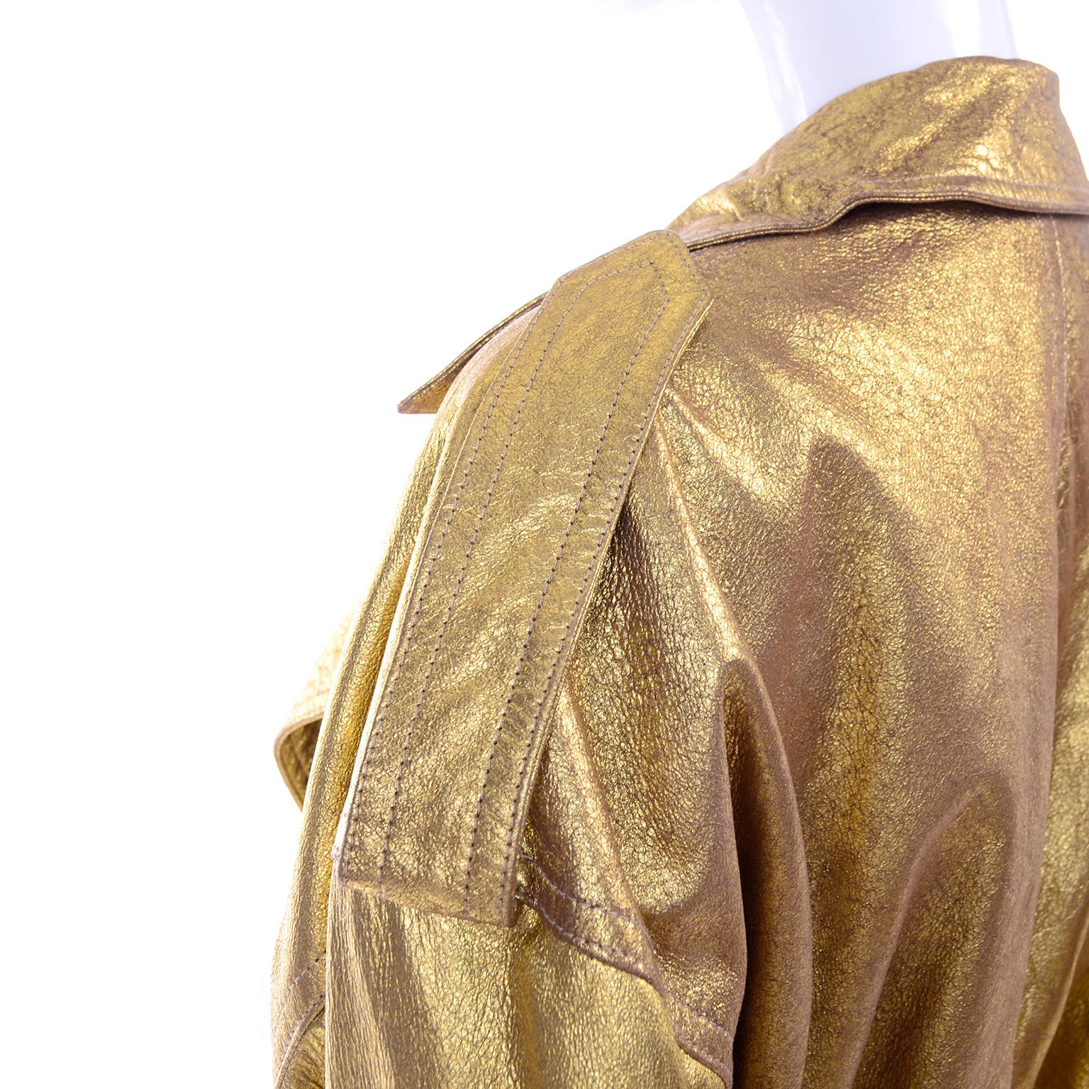 1990s Vintage Donna Karan Gold Leather Zip Front Jacket With Belt & Zippers For Sale 4