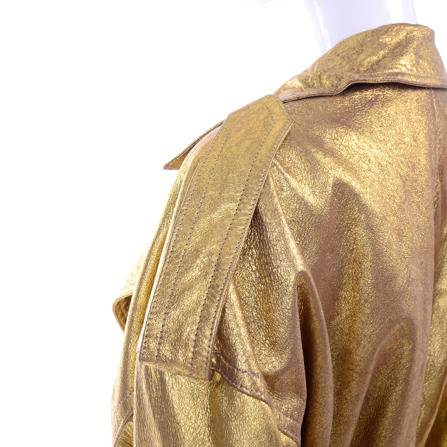 1990s Vintage Donna Karan Gold Leather Zip Front Jacket With Belt & Zippers 4