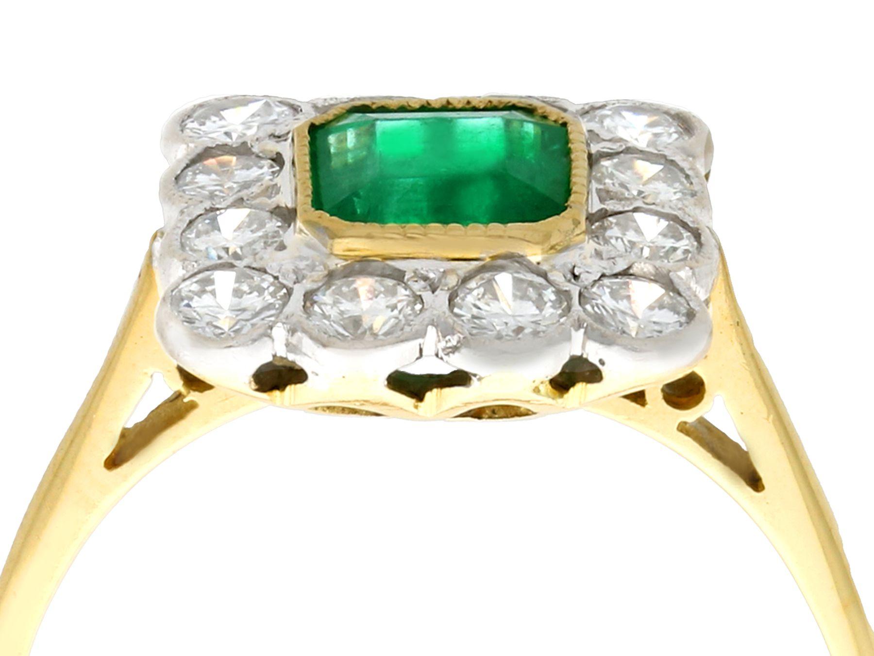 A fine and impressive vintage 0.88 carat natural emerald and 0.60 carat diamond, 18k yellow gold, 18k white gold set dress ring; part of our vintage jewelry and estate jewelry collections

This impressive vintage emerald and diamond ring has been