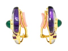 1990's Vintage Emerald Diamond Ruby 18 Karat Two-Tone Gold Chestnut Earrings