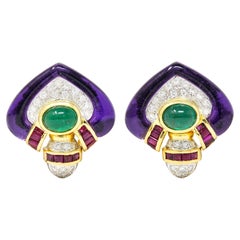 1990's Vintage Emerald Diamond Ruby 18 Karat Two-Tone Gold Chestnut Earrings
