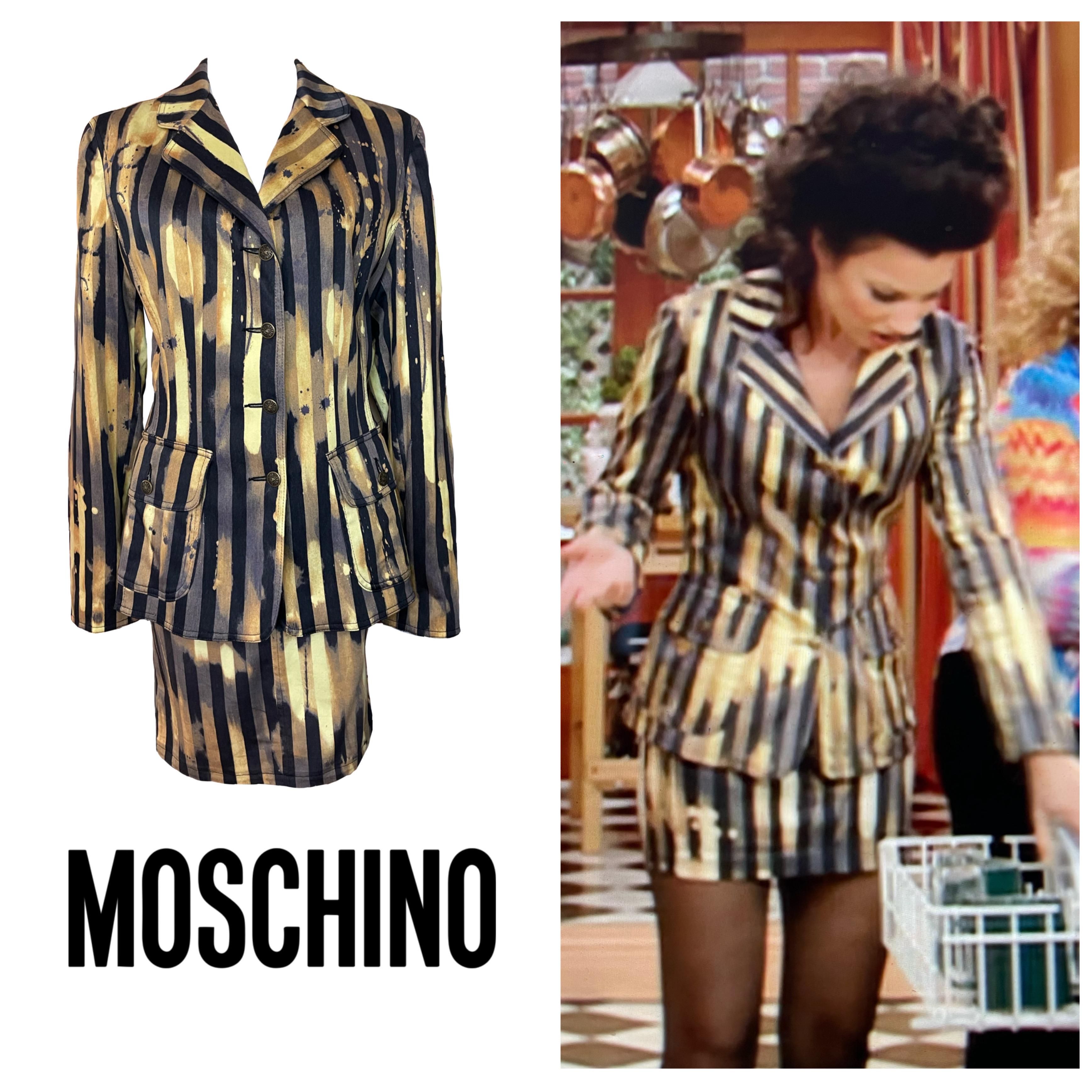 2 piece 1990’s vintage ensemble by Moschino Jeans, it has been seen on the iconic Fran Fine on the Nanny sitcom, in perfect condition. Stretch fabric 

Sizes 

I 46 
FR 42 
US 12
UK 16 

Measurements laid flat 

Jacket : 

Shoulders 44 cm
Waist 41
