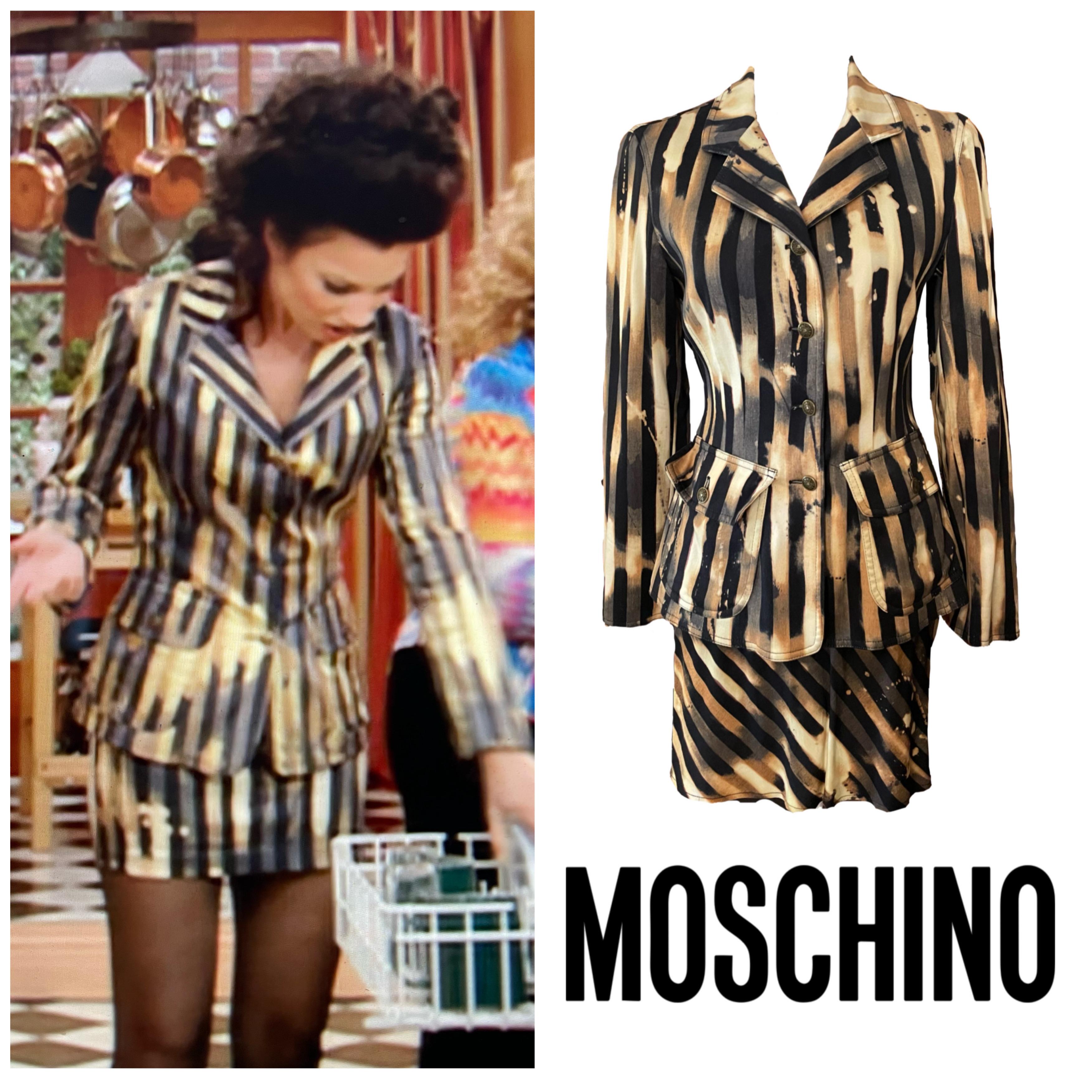 1990s Vintage skirt suit ensemble by Moschino Jeans, it has been seen on Fran Fine on the Nanny sitcom, it is in perfect condition. it is a Stretch fabric 64 % rayon 33% nylon 3% spandex.


Sizes :
I 42 
FR 38 
US 8
UK 12 

Measurements laid flat 
