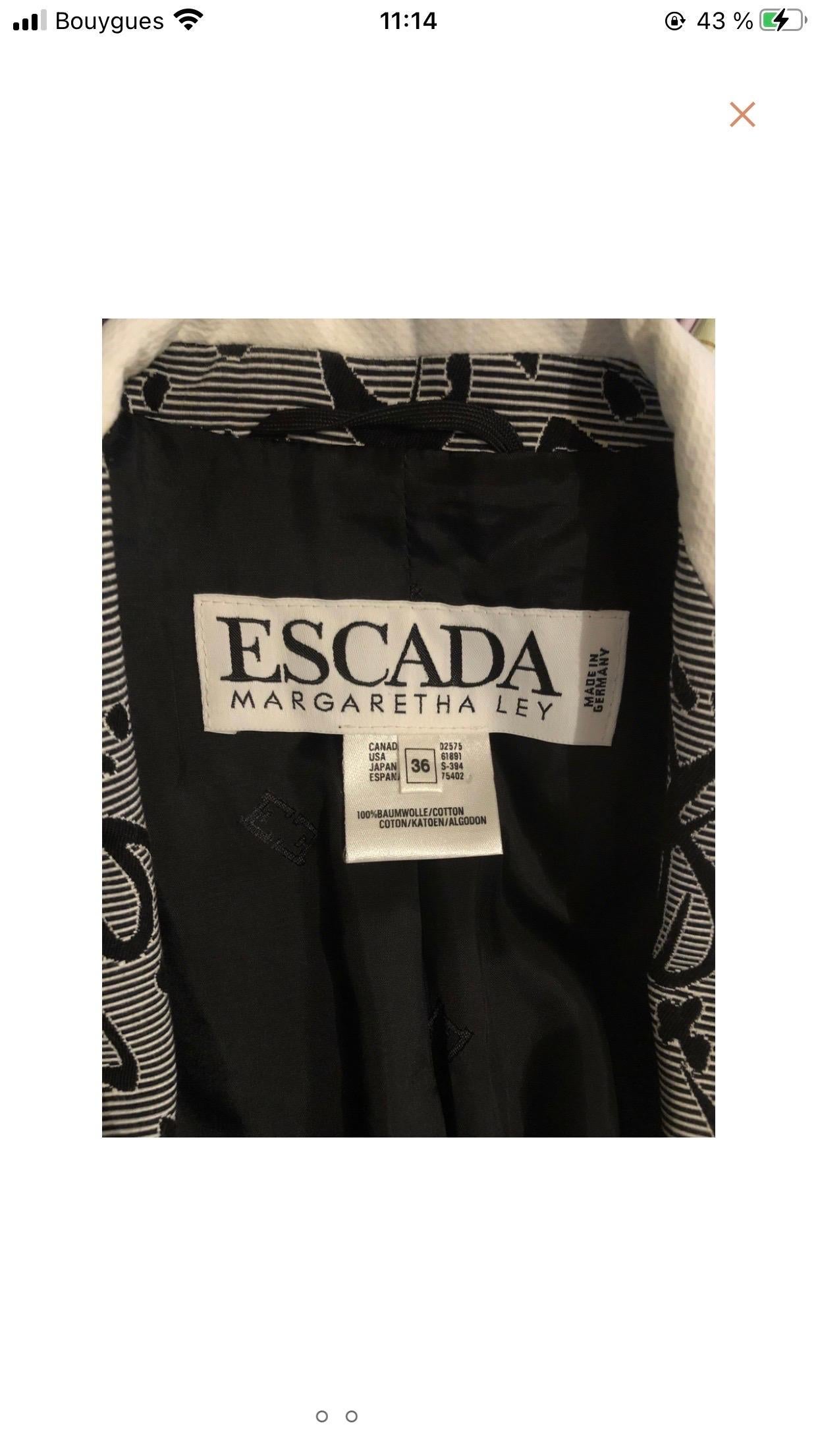 1980's 1990's Two piece woman skirt suit by Escada by Margaretha Ley, it is in immaculate condition. This suit is from the late 80s early 90s. Fabric is 100% cotton.
make sure you check the measurements.


Sizes
36 Fr
40 I
6 US
8 UK

Measurements