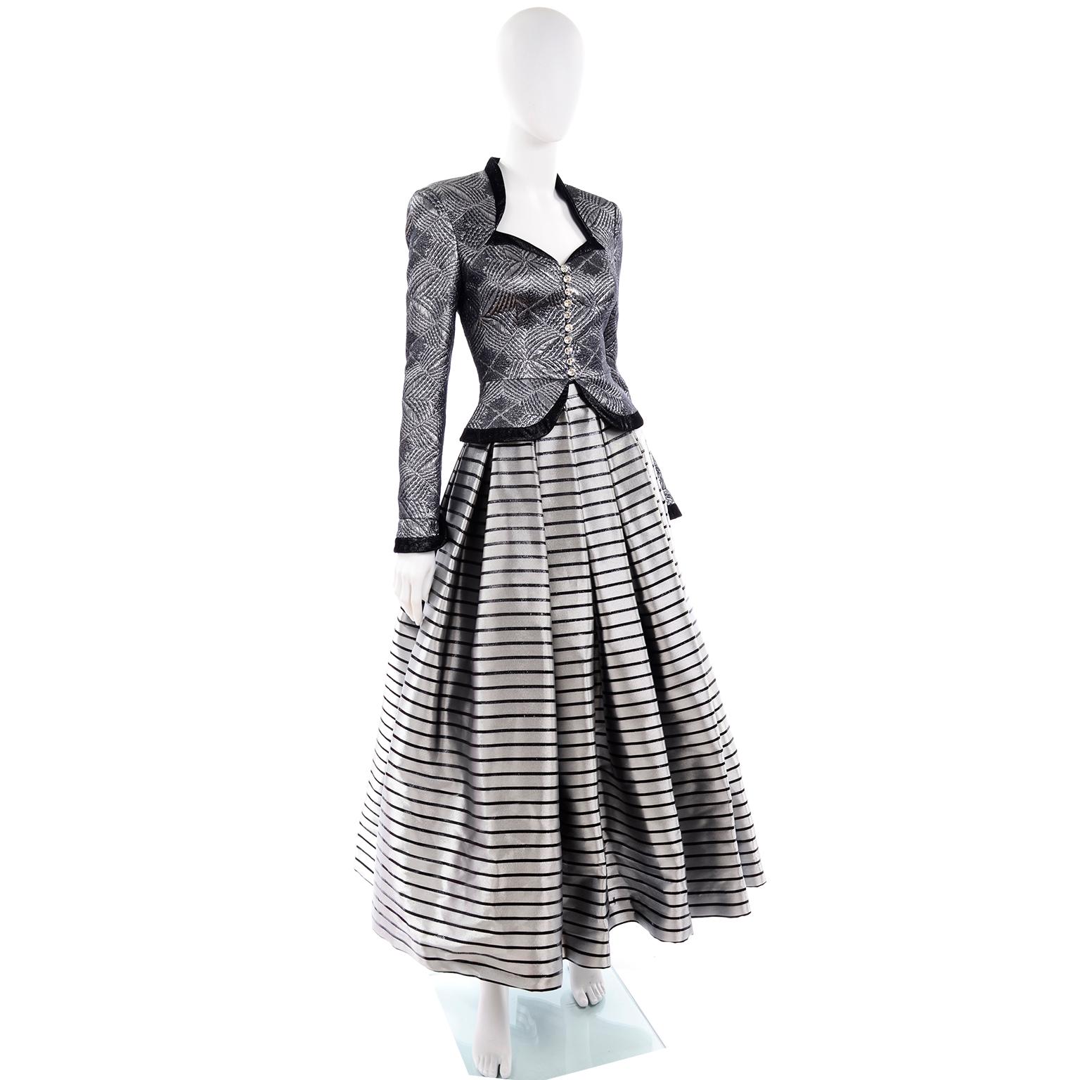 1990s Vintage Escada Couture 3pc Silver Lurex Evening Skirt Pants & Jacket For Sale 4