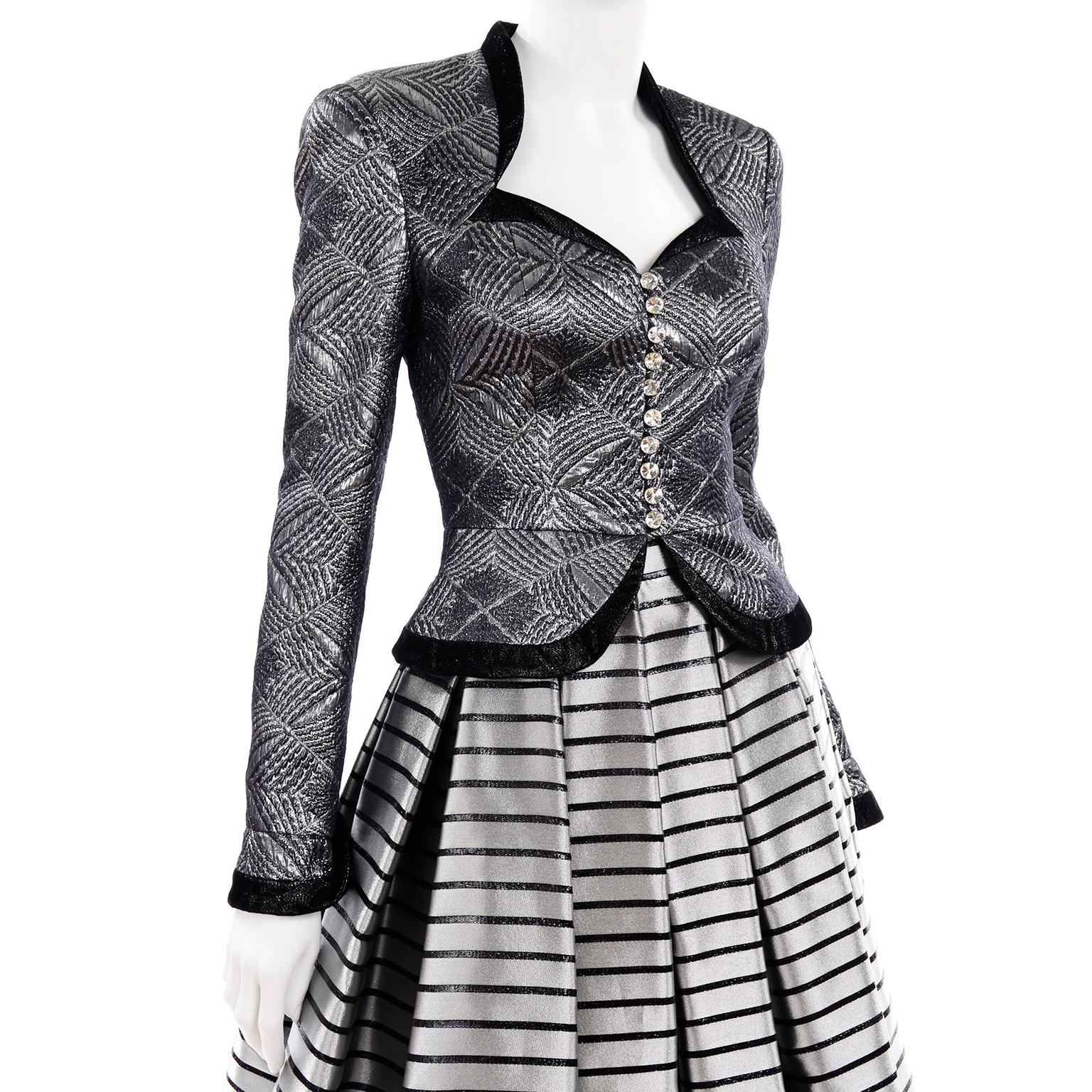 1990s Vintage Escada Couture 3pc Silver Lurex Evening Skirt Pants & Jacket For Sale 5