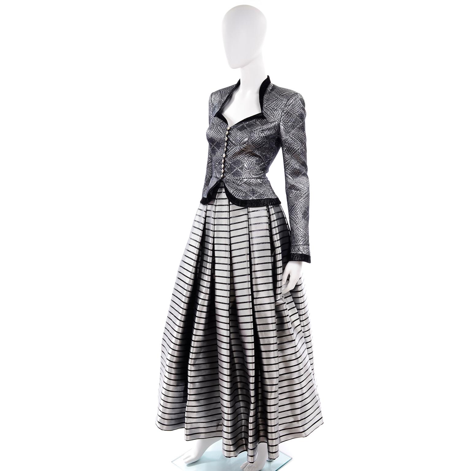 1990s Vintage Escada Couture 3pc Silver Lurex Evening Skirt Pants & Jacket In Excellent Condition For Sale In Portland, OR