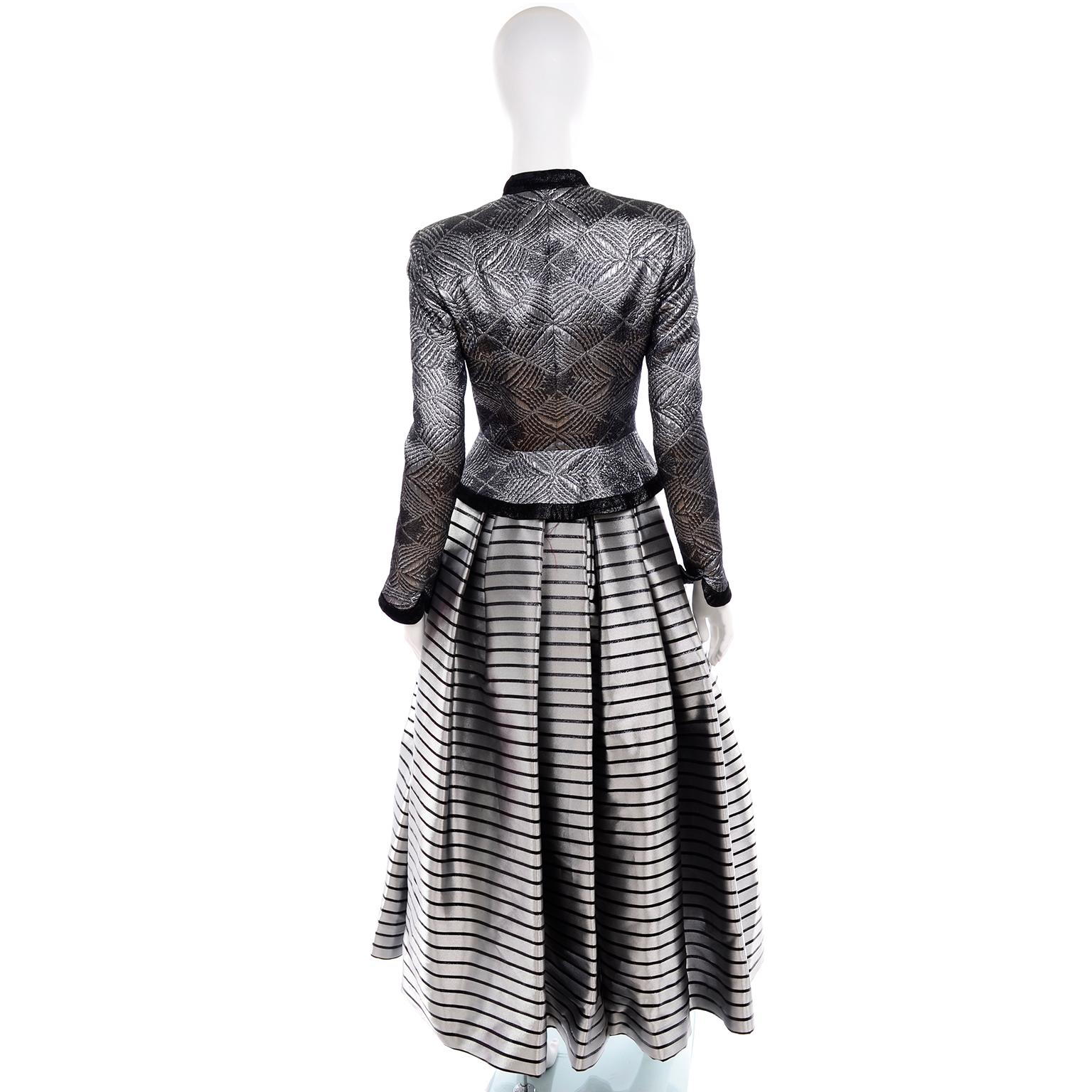 1990s Vintage Escada Couture 3pc Silver Lurex Evening Skirt Pants & Jacket For Sale 2