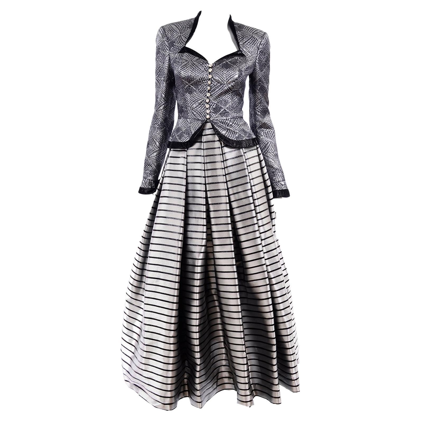 1990s Vintage Escada Couture 3pc Silver Lurex Evening Skirt Pants & Jacket For Sale