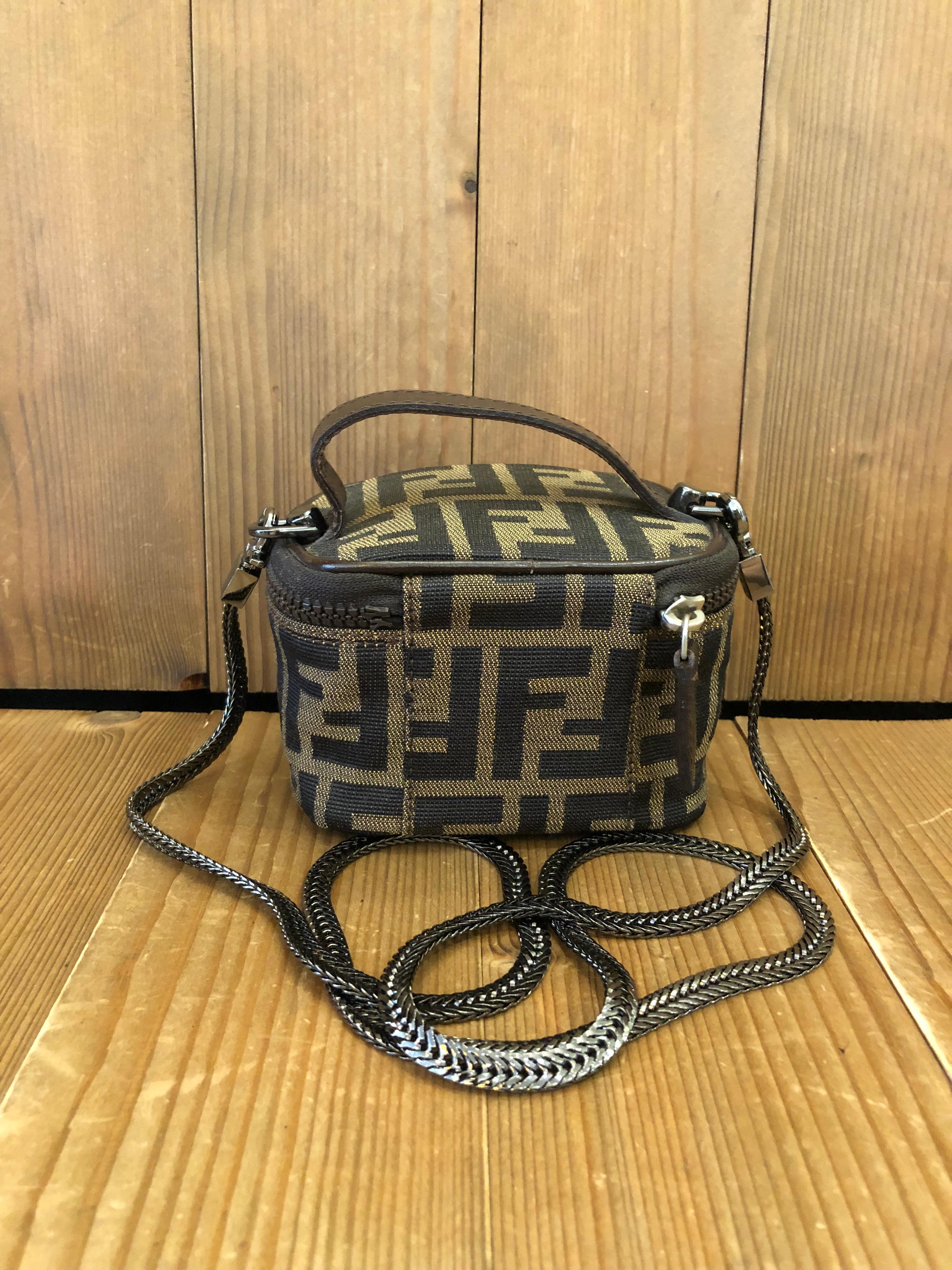 Black 1990s Vintage FENDI Brown Zucca Jacquard Mini Vanity Pouch (Altered)